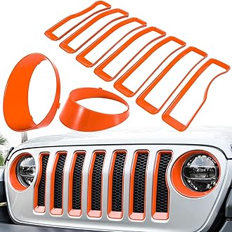 Front Grille Mesh Inserts & Headlight Cover for Jeep Wrangler JL JLU Unlimited Sport/Sports 2018-2023 Exterior Accessories Clip-in Grille Guard Cover Headlight Bezels Trim Ring (Orange 9PCS)