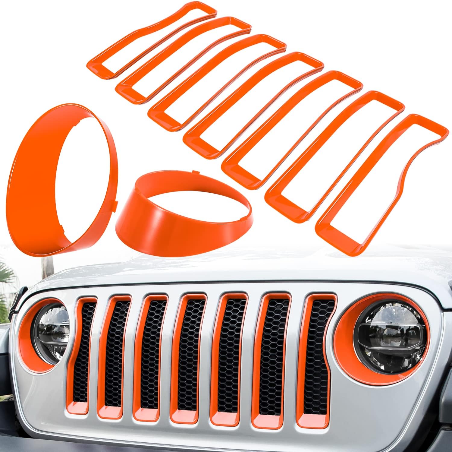 Front Grille Mesh Inserts & Headlight Cover for Jeep Wrangler JL JLU Unlimited Sport/Sports 2018-2023 Exterior Accessories Clip-in Grille Guard Cover Headlight Bezels Trim Ring (Orange 9PCS)