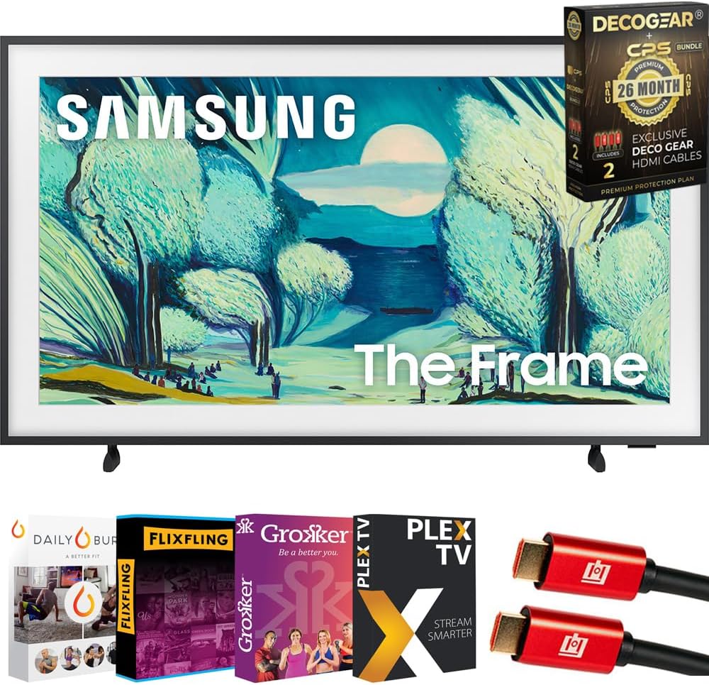 Samsung 43″ The Frame LS03FA QLED 4K TV 2025 Art Mode, Vision AI | CPS Exclusive 26 Month Protection, 2X HDMI Cables, Premiere Movies Streaming & Deco Gear Complete Home Theater Beginner’s Guidebook