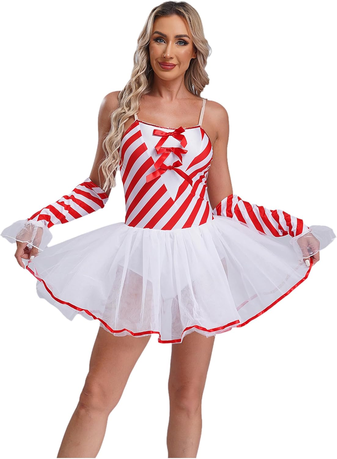 Women's Christmas Candy Cane Striped Dress Dance Leotard Camisole Tutu Ballet Dress with Gloves Dancewear