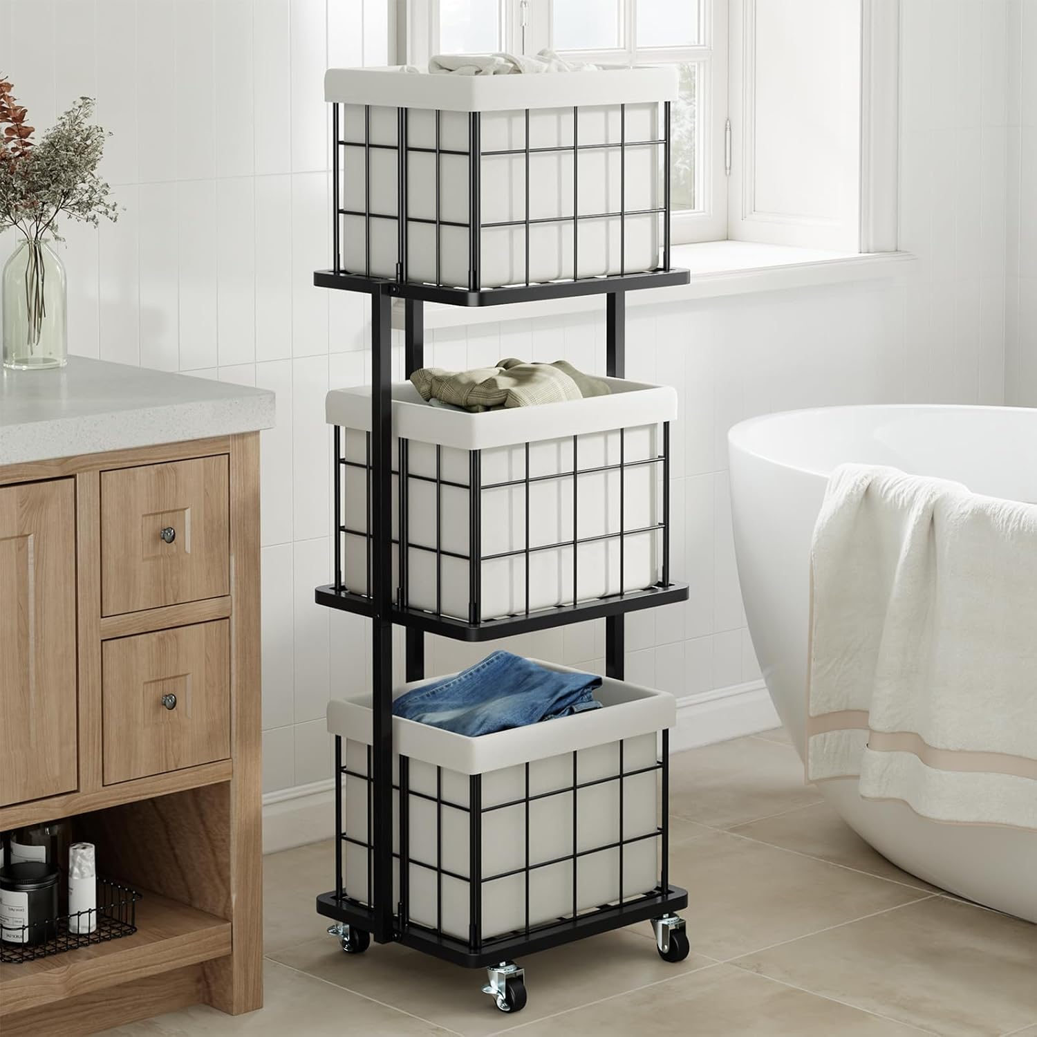 120L Vertical Rolling Laundry Hamper with Removable Bags, 3 Section Laundry Basket with Wheels, Slim Tall 3 Tier Laundry Sorter for Small Spaces, Dorm, Laundry Room, Bathroom, Closet, White