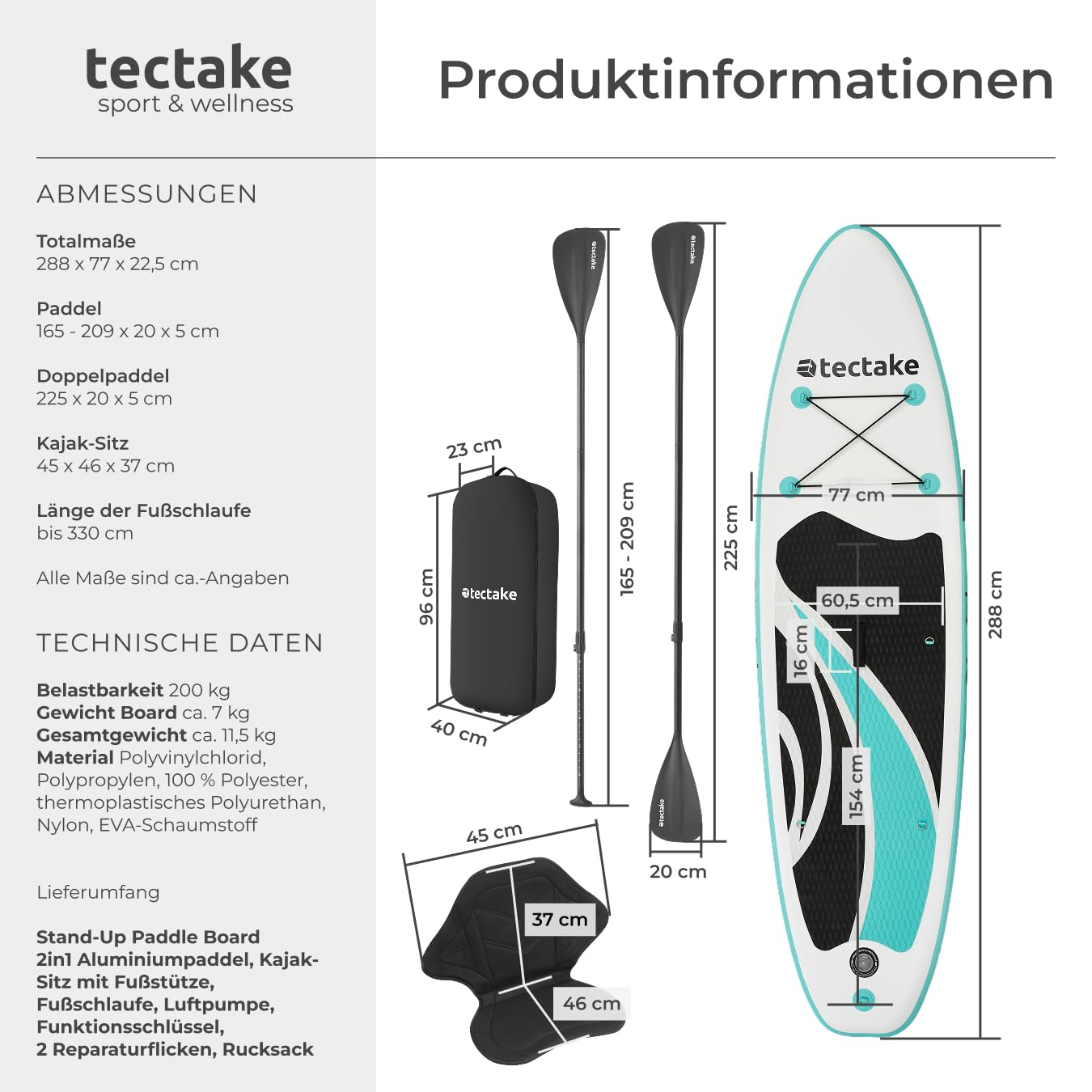tectake® Stand Up Paddle Board, SUP aufblasbar, Standup, SUB mit Pumpe, Kajak Boot Sitz, Finnen, Rucksack, Doppelpaddel, Paddel, für Wassersport und Paddling, bis 200 kg belastbar - weiß/türkis