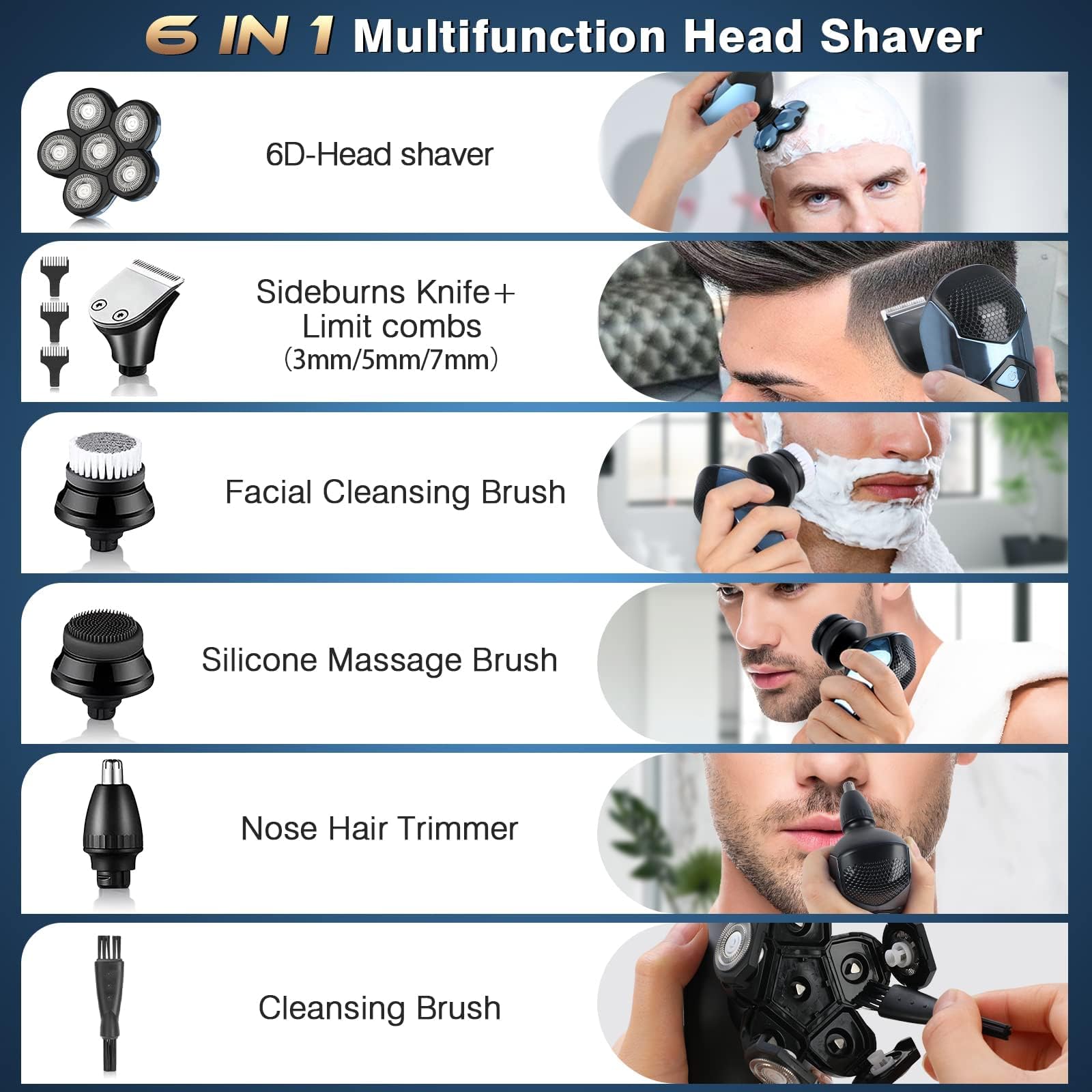 Rasoio Elettrico Barba, 6 IN 1 Testine Rotanti Rasoio Testa Calva IPX7 Impermeabile Tagliacapelli Uomo Wet & Dry USB Ricaricabile 100% Lavabile Tagliacapelli Professionale Regolabarba Senza Fili