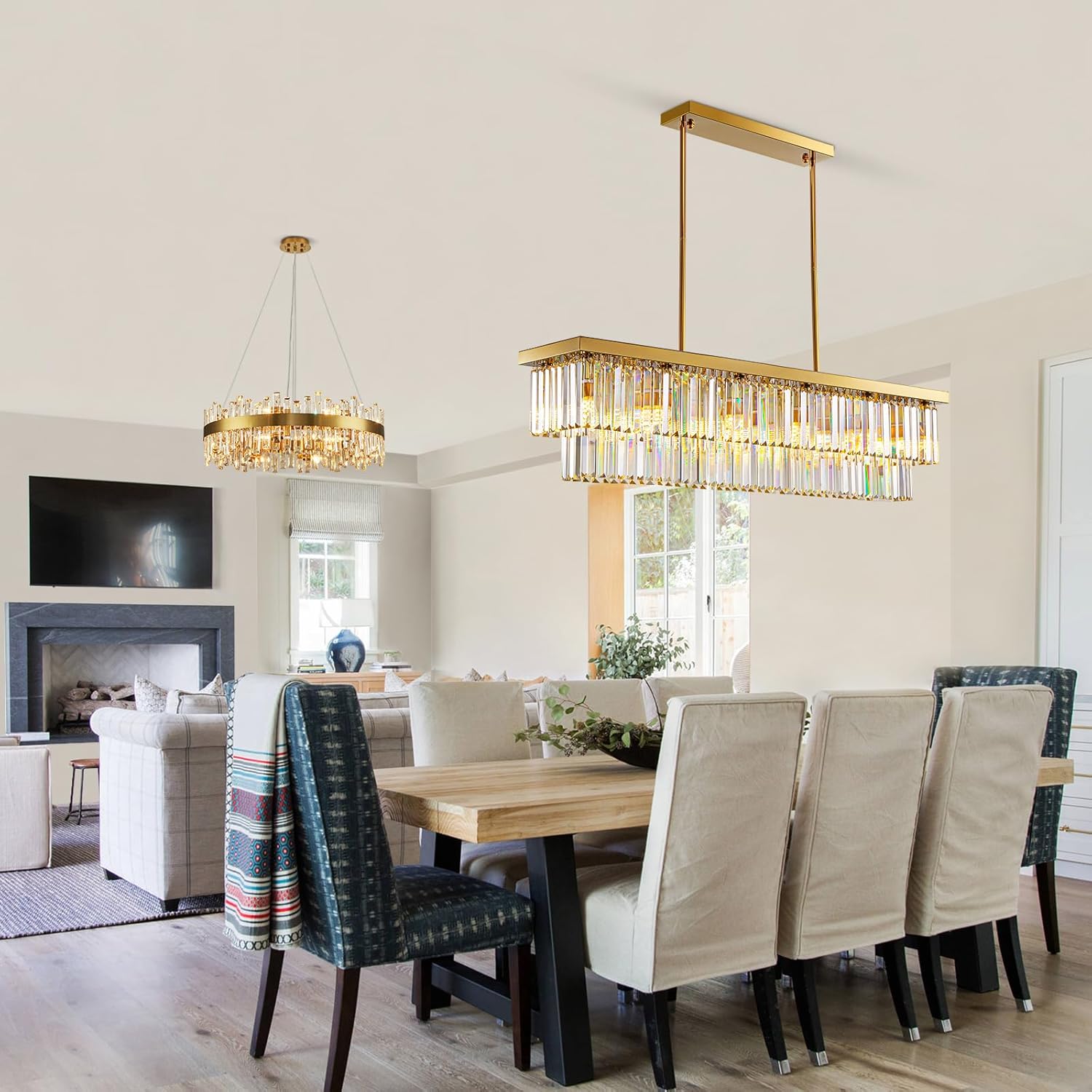 Siljoy Rectangular Gold Crystal Chandelier for Dining Room, 12-Light Modern Rectangle K9 Crystal Raindrop Chandelier Dimmable Ceiling Light for Living Room Kitchen Island, L47'' x W10'' x H10''