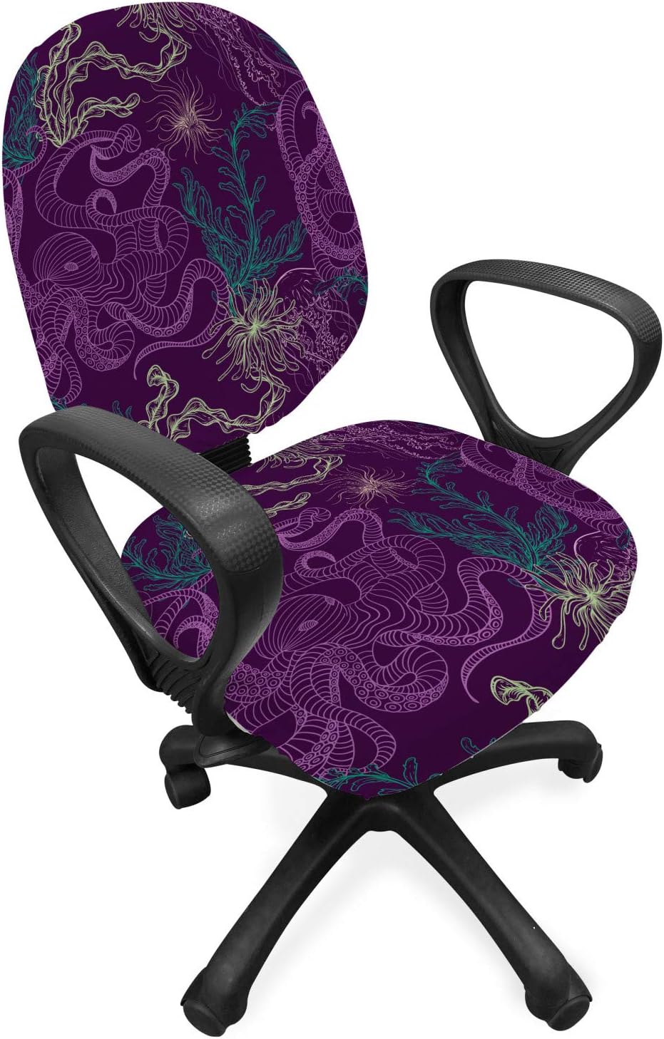 Ambesonne Octopus Office Chair Slipcover, Art Animal Pattern Jellyfish Marine Plants and Seaweed, Protective Stretch Decorative Fabric Cover, Standard Size, Purple Green