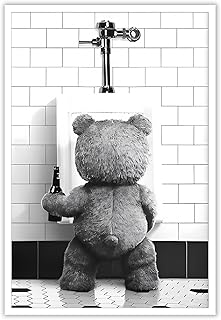 Funny Teddy Bear Poster Black And White Bathroom Canvas Wall Art Humorous Movie Abstract Animal Restroom Prints Painting For Living Room Bedroom Wall Decor 12x16in Unframed