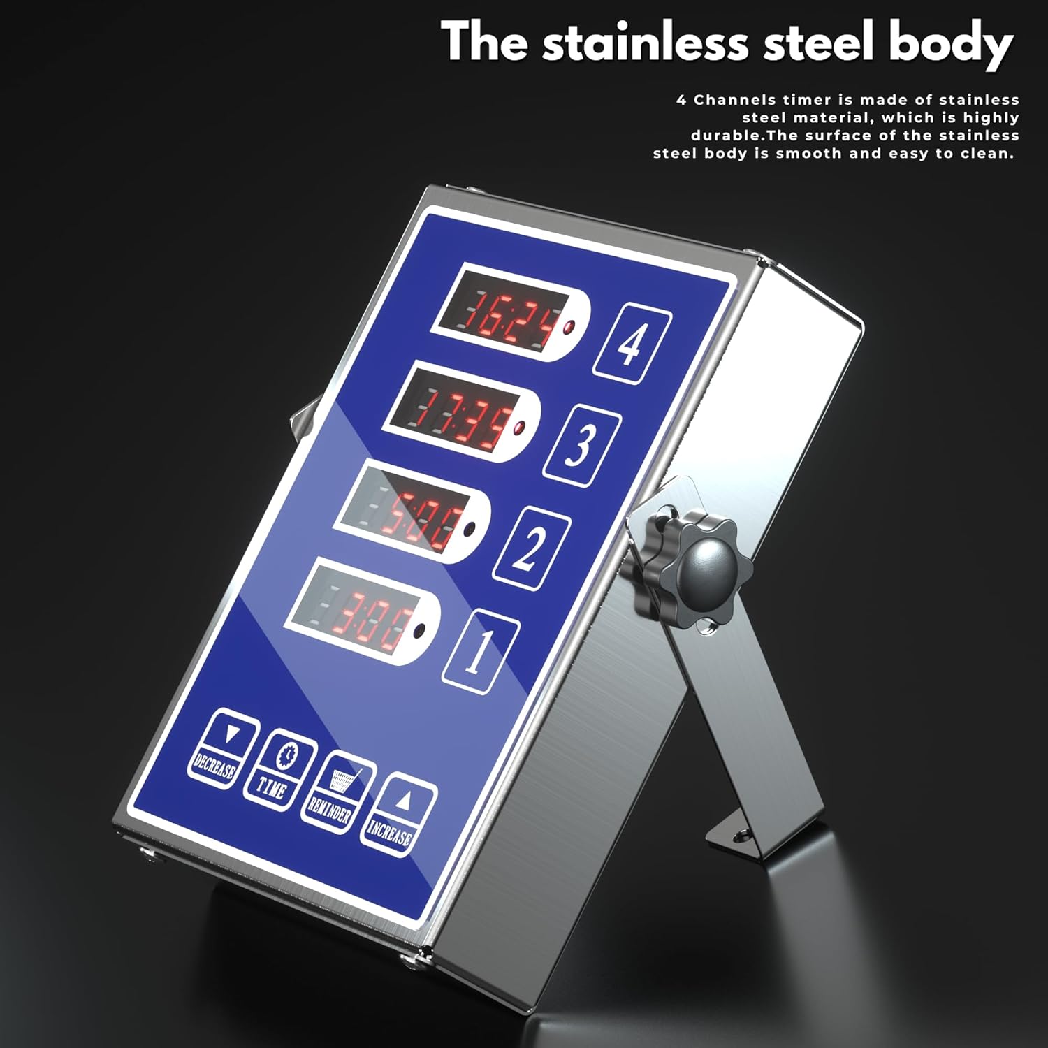 Commercial Kitchen Timer with 4 Channels, Digital Timer for Cooking, Loud Alarm Volume +/-, Food Truck Restaurant Supplies, Heavy Duty Stainless Steel Large Timers, Waterproof Panel & Memory Function