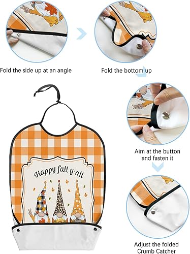 Miniatura 6 de QueenKer Funny Adult Bibs for Eating, Happy Fall Y'All Gnome Orange Plaid Waterproof Clothing Protector Washable Adult Bib with Crumb Catcher for