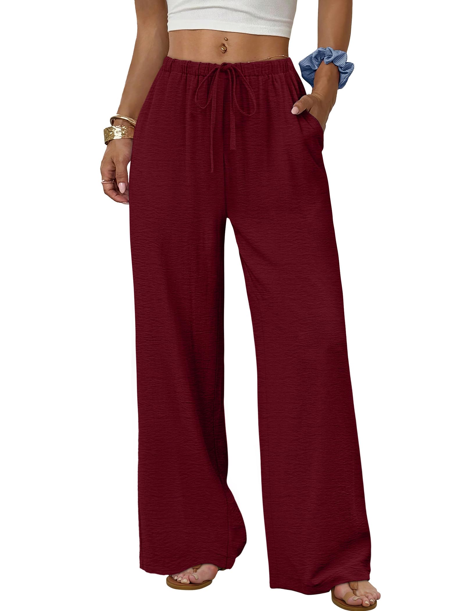 Sampeel Wide Leg Pants for Women Flowy Palazzo Drawstring Elastic Waist Trousers with Pockets Summer Beach Vacation Clothes — view 17