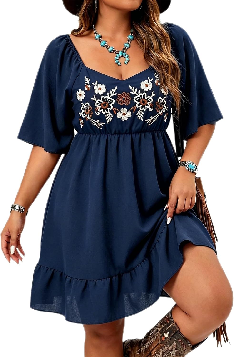 Women's Plus Size Western Embroidered Floral Boho Dress Country Concert Cowgirl Outfits A Line Flowy Summer Midi Dress