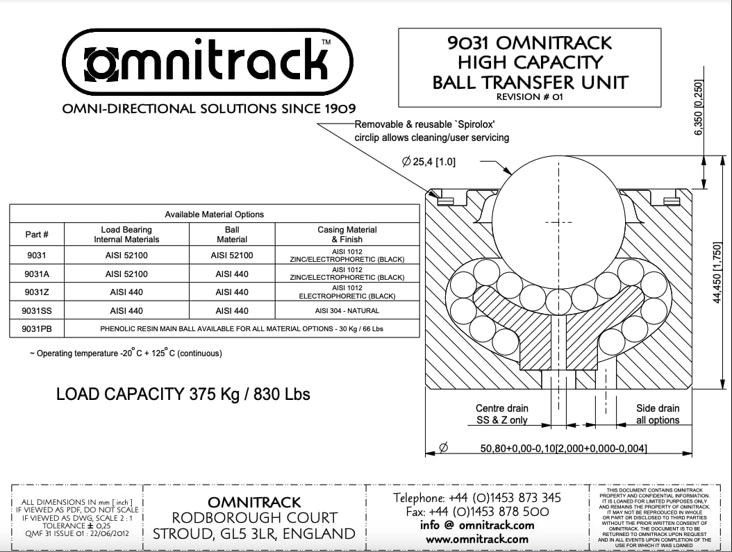 9031 Omnitrack Plain Fit Heavy Duty Ball Transfer Unit 1" Ball with AISI 52100 Chrome Steel Balls