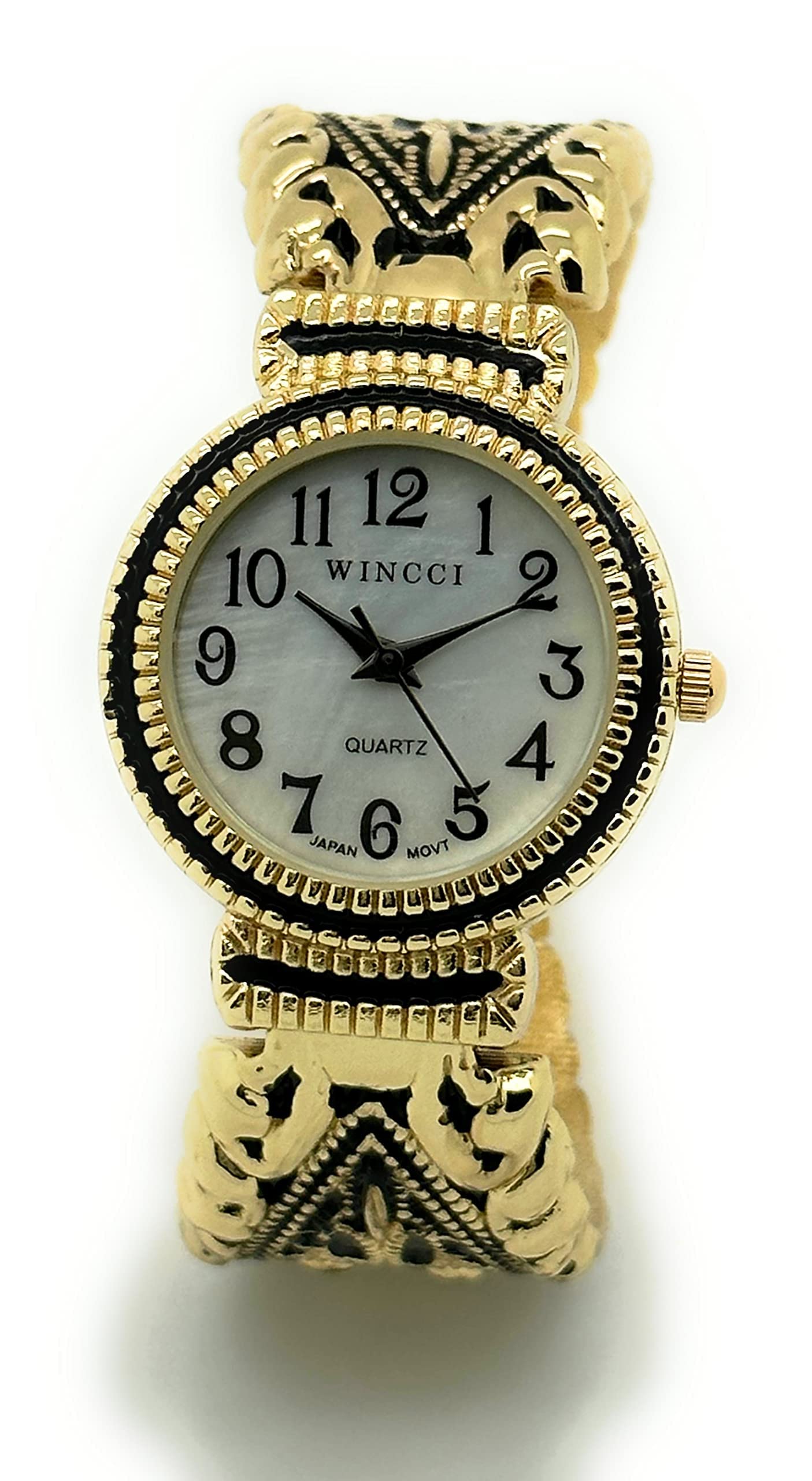 Wincci Ladies Elegant Western Concho Vintage Style Decorated Metal Bangle Cuff Fashion Analog Quartz Watch Mother of Pearl Dial Easy to Read Black Numbers Black Hour Minute Second Hands (Gold)