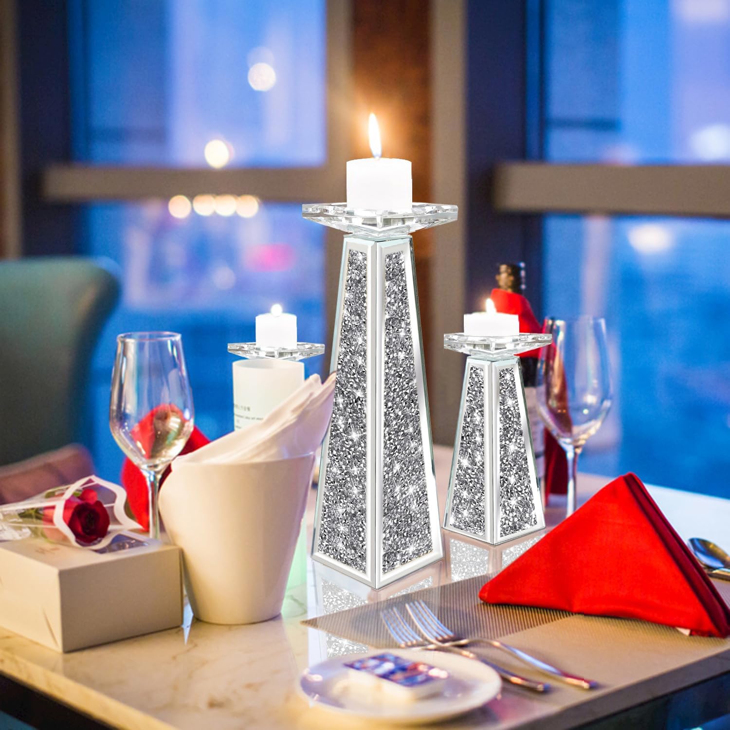 Wocred 2 Piece Candlestick Holders for Holding Pillar Candles, Crystal Crushed Diamond Candle Holders Set Decor for Dinning Room, Silver Glass Votive Candle Holders for Table Centerpiece(8”) - Image 3