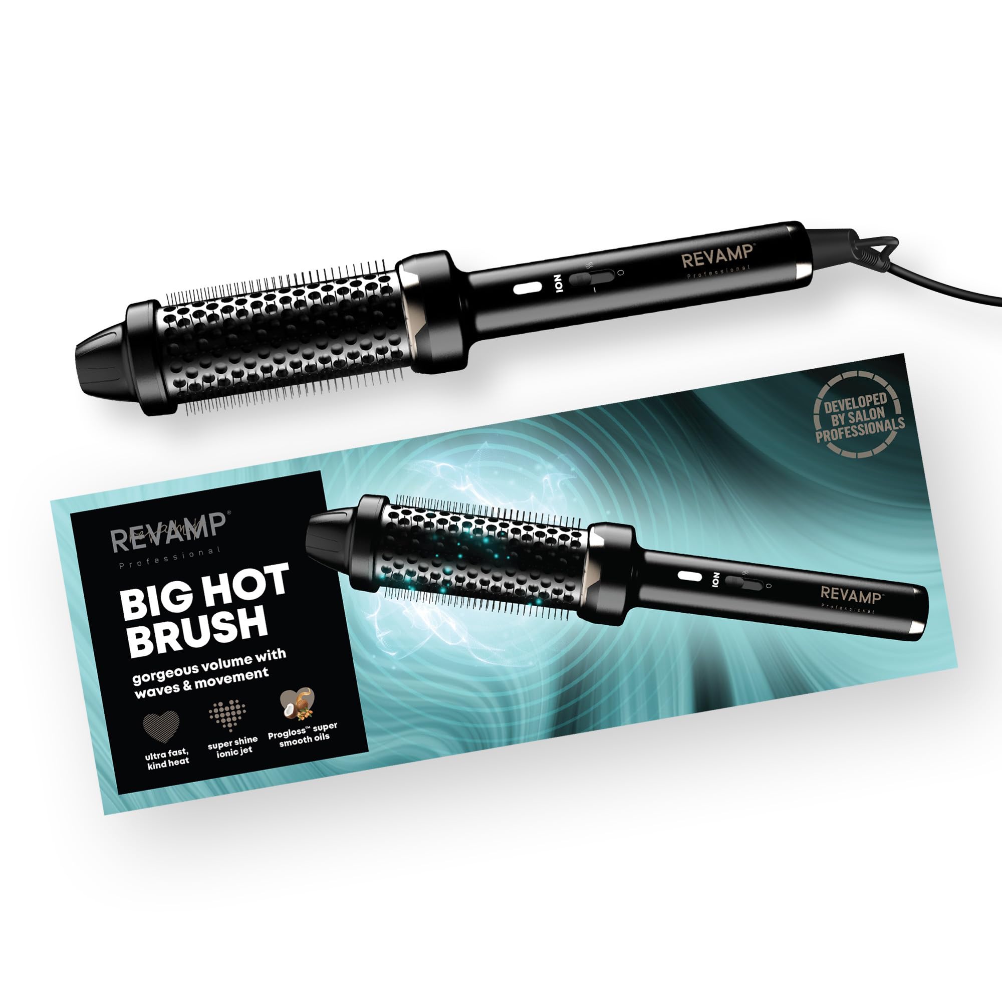 Revamp Progloss Big Hot Brush zapewnia objętość, miękkość i blask; ultraszybkie ciepło, 2 ustawienia, łatwa w użyciu, ergonomiczna konstrukcja, technologia Ionic Jet, kabel 3 m i uniwersalne napięcie