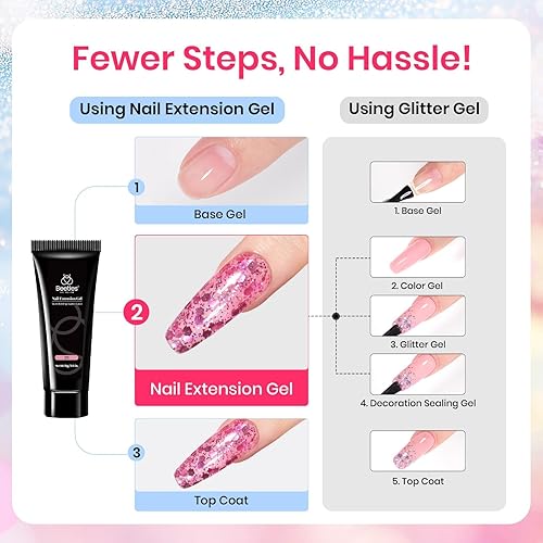 Miniatura 27 de Beetles - Kit de gel de extensión de uñas de polietileno con luz UV: juego de 6 colores de gel constructor rosa con purpurina blanca con capa base