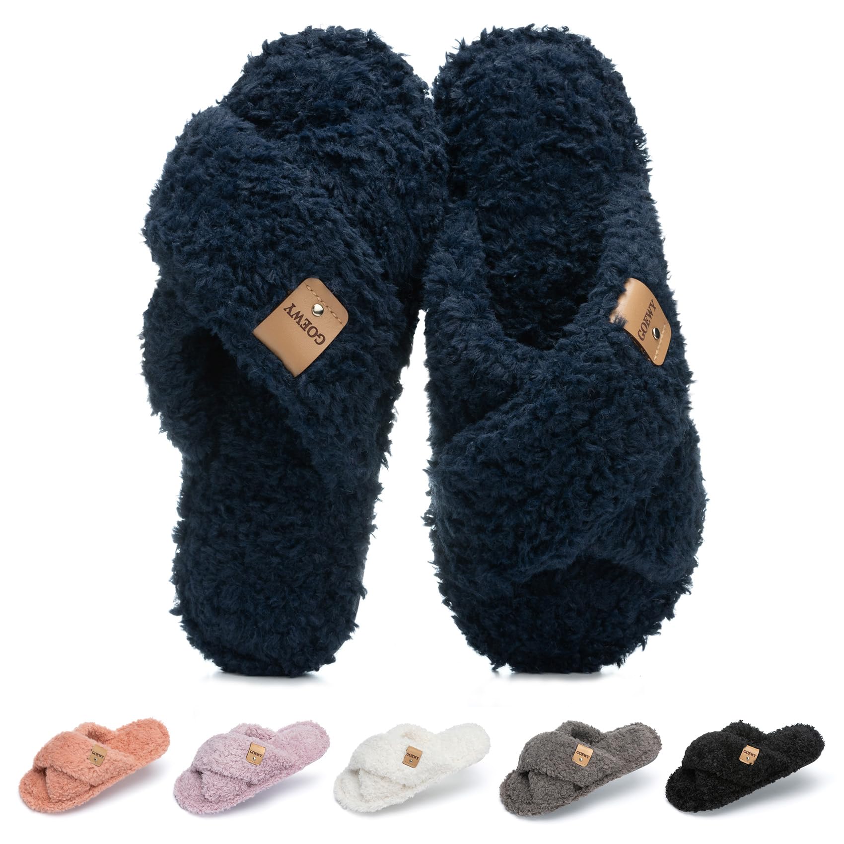 GOEWY Fuzzy Open Toe Slippers for Women Cozy Memory Foam House Shoes Indoor