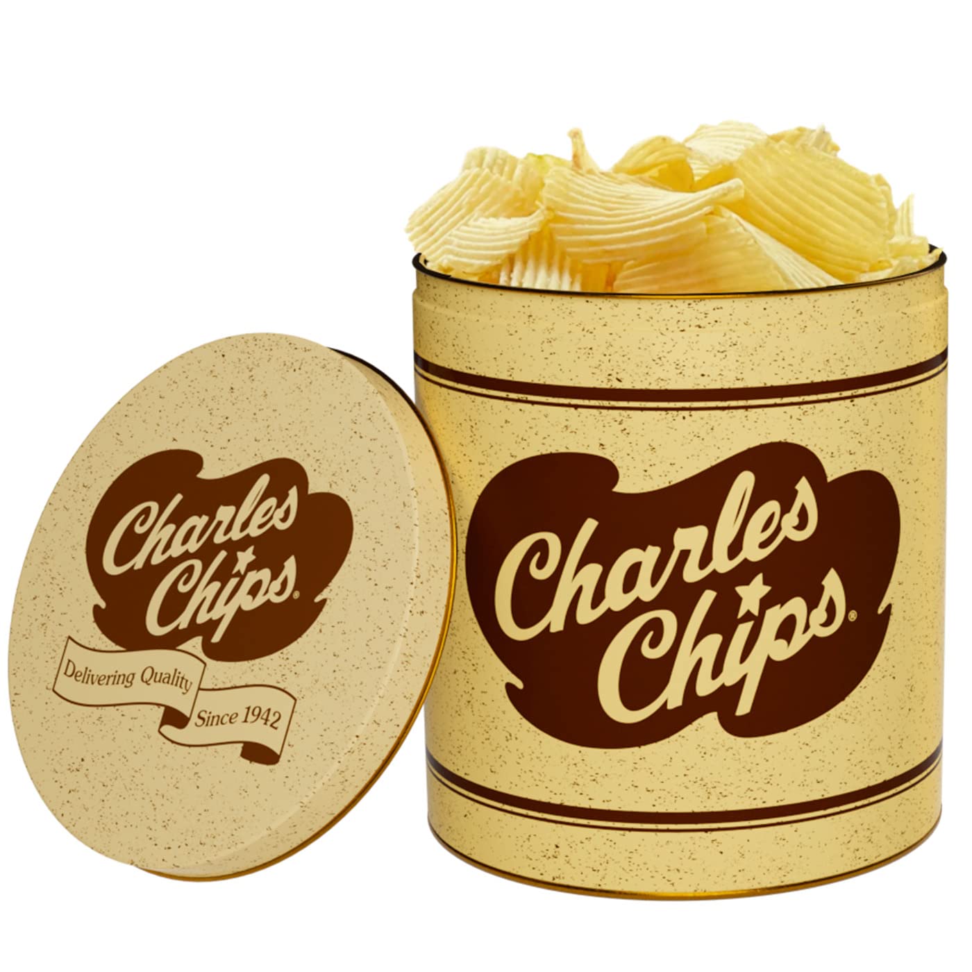 Charles Chips Salt & Vinegar Waffle Potato Chips – 16oz Tangy Lattice-Cut Snack in Iconic Recyclable Steel Tin | Gluten Free & Kosher | Bold Flavor for Snack Lovers | Since 1942