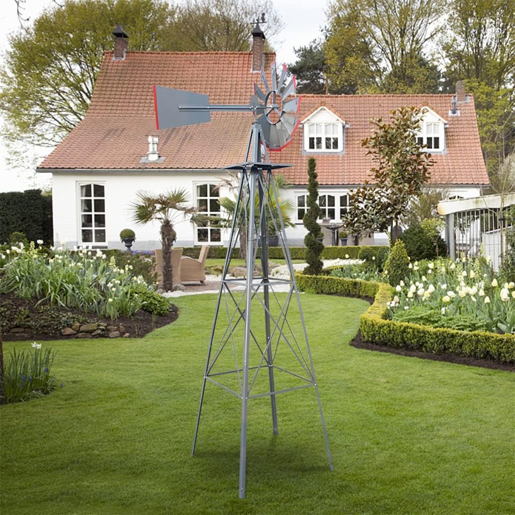Ornamental Windmill Backyard Garden Decoration Weather Vane, 8FT Heavy Duty Metal Wind Mill with 4 Legs Design, 360° Outdoor Wind Spinner for Patio, Lawn & Garden (26" L x 26" W x 96" H),Grey