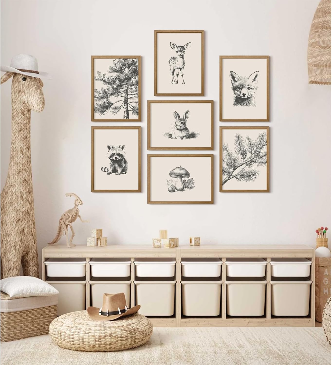 Nursery Wall Art Woodland Animal Canvas Wall Decor Baby Room Pictures Forest Animal Prints Kids Wall Art Pine Tree Poster Nature Vintage Artwork Deer Fox Painting for Bedroom 8x10x7 Inch Framed