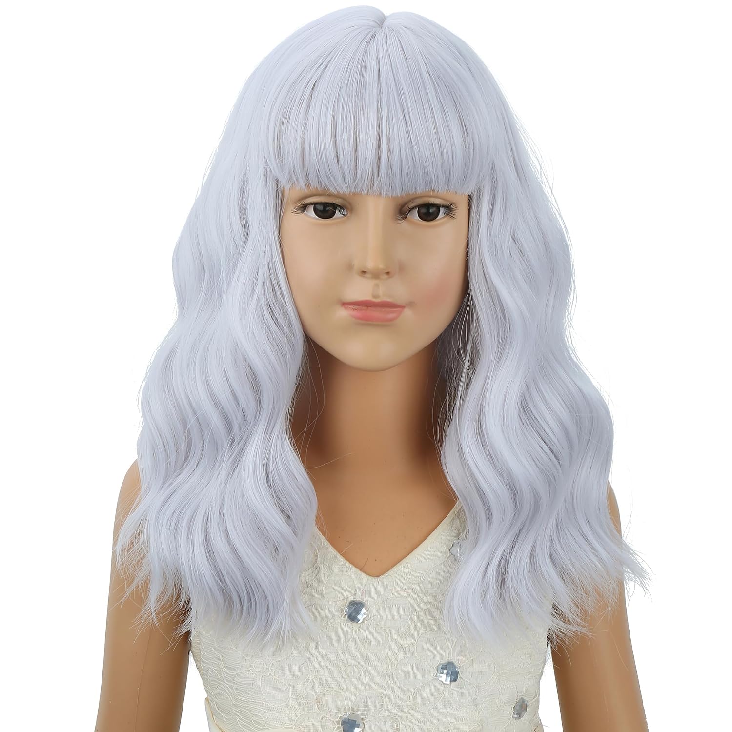 Girls Ash Blonde Wig Kids Short Blond Wavy Curly Wig Blonde Wig with Air Bangs for Children Heat Resistant Synthetic Wig with Wig Cap