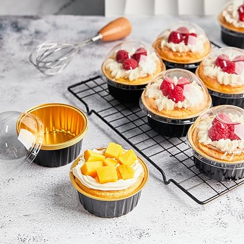 Miniatura 6 de ZORRITA Paquete de 100 mini moldes para cupcakes de 5 onzas con tapas de cúpula y tenedores, tazas de papel de aluminio para hornear pasteles,