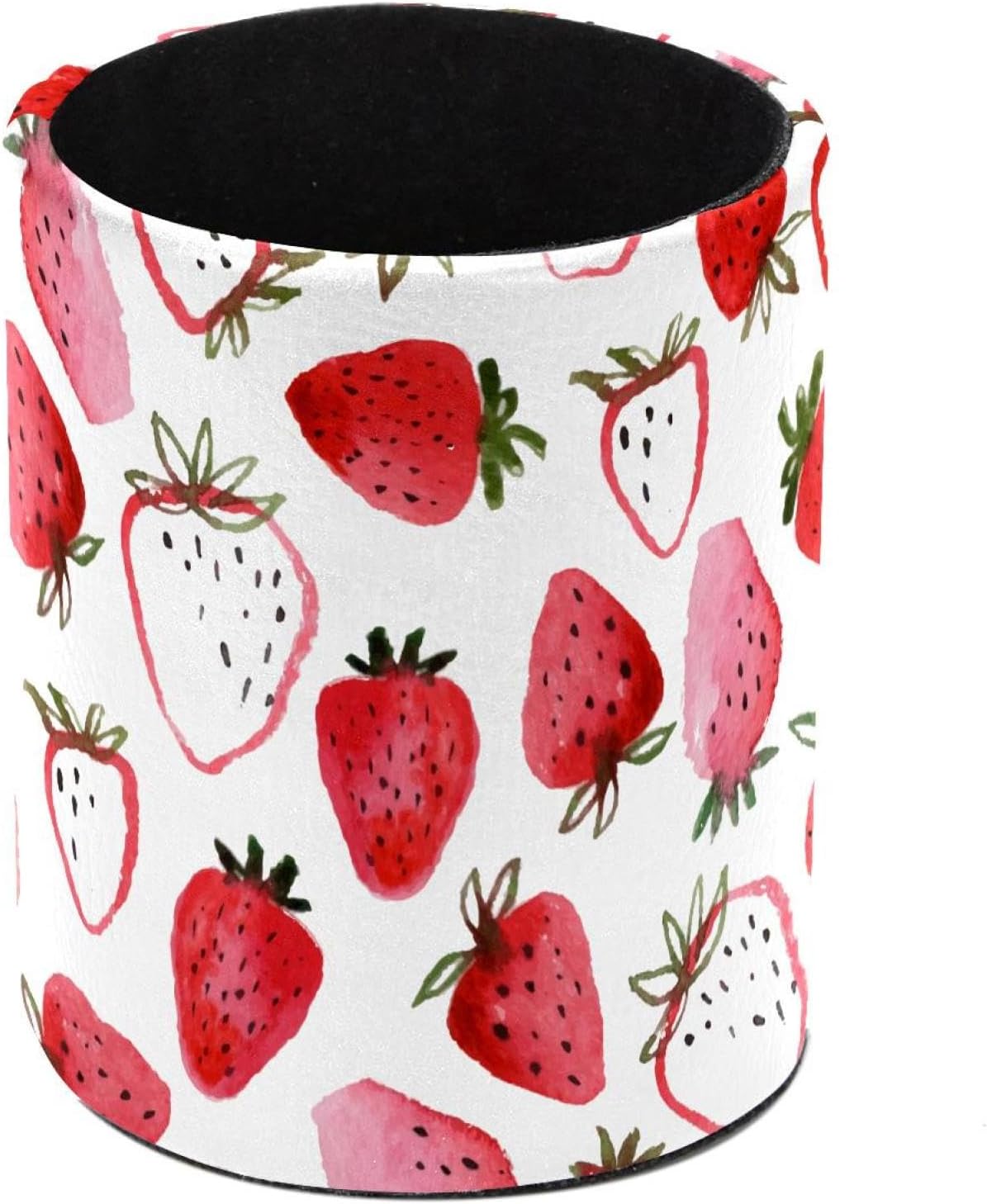 Round Creative Pen Holder |Watercolor Strawberry Desktop Storage Organizer|Gadget Stationery Storage Box|Office Leather Organizer