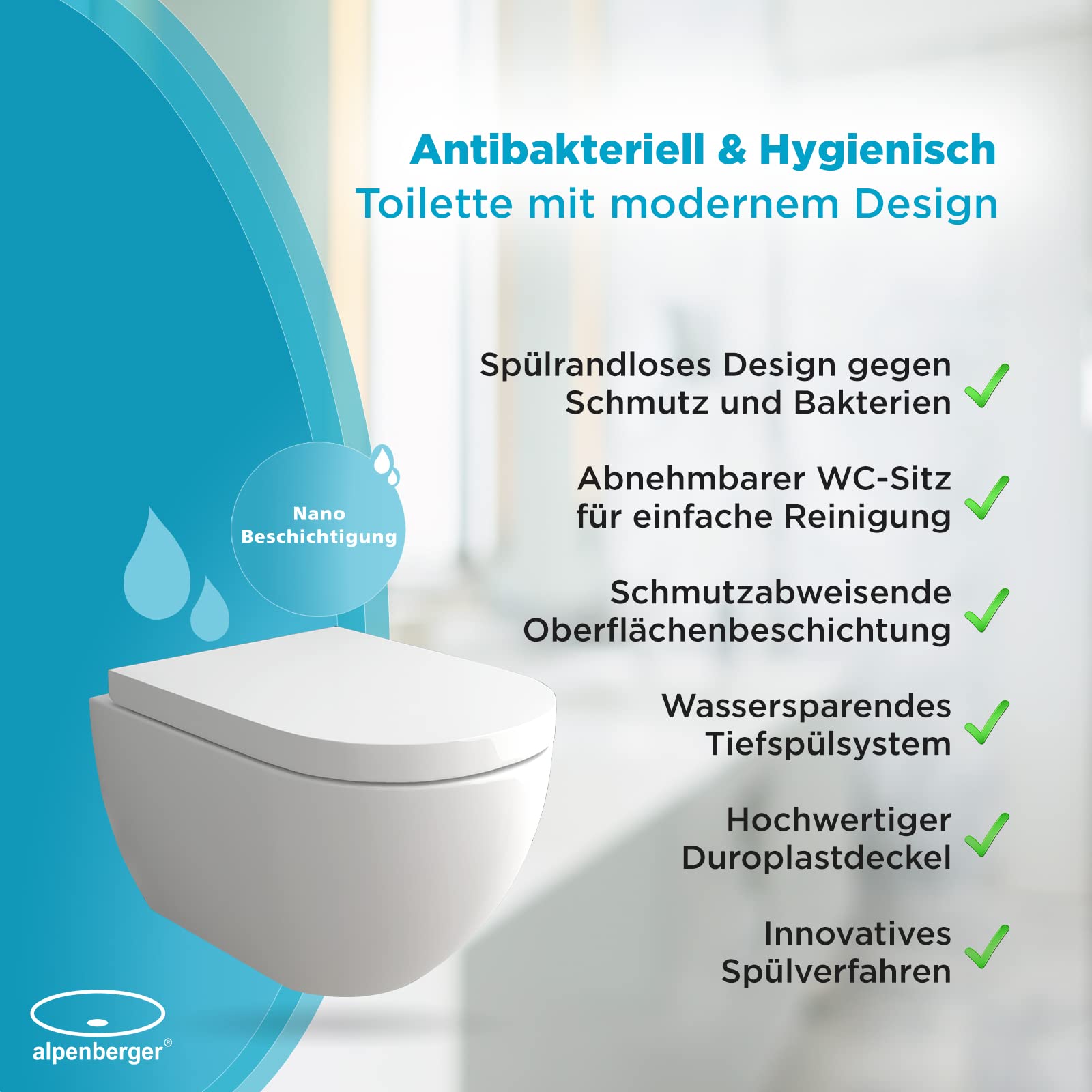 Alpenberger - Inodoro de ducha 2 en 1 con bidé y inodoro con asiento de descenso automático, con función bidé, nanorrevestimiento, efecto loto