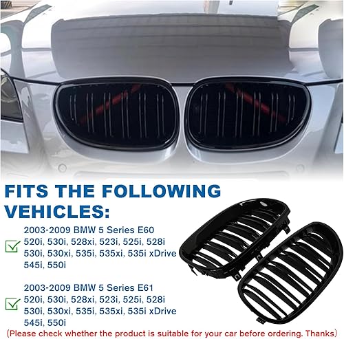 Miniatura 16 de Rejilla frontal F10 para riñón con doble listón, color negro brillante, compatible con BMW Serie 5 2010-2017, F10, F11, F18, Sedan 520i, 528i, 535d
