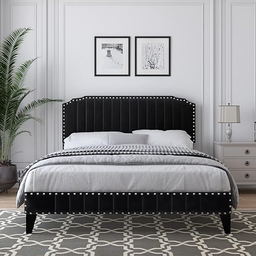Queen Size Bed Frame Upholstered Platform Bed Frame with Adjustable Headboard Modern Queen Bed Frames with Wood Slat Support Bed Frames Queen No Box Spring Needed Easy Assembly, Black