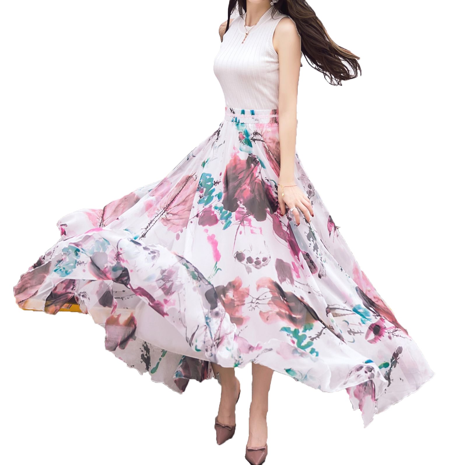 Afibi Women's Design E Full/Ankle Length Blending Maxi Chiffon Long Skirt Beach Skirt, M