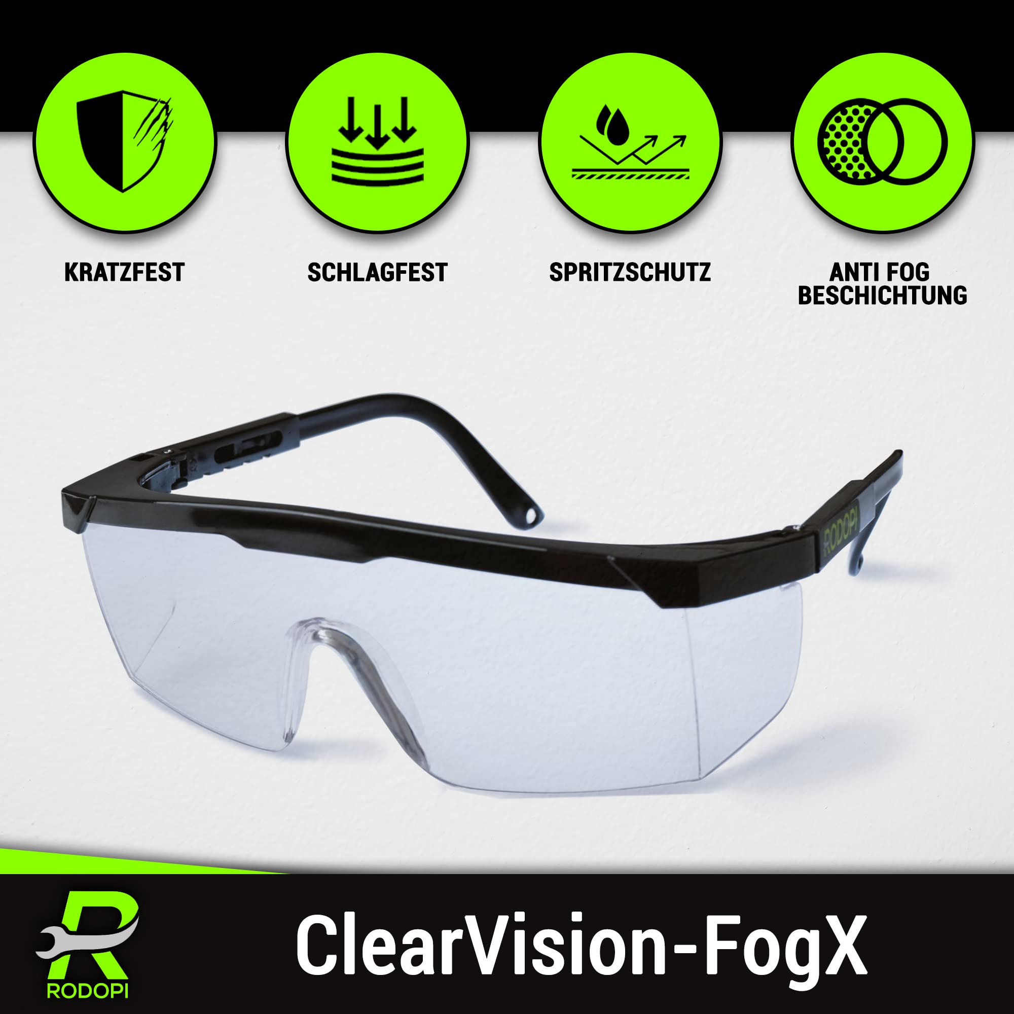 RODOPI ClearVision-FogX Schutzbrille verstellbar Sicherheitsbrille Anti Fog EN 166 1F Arbeitsschutzbrille Seitenschutz Überbrille Arbeit Labor Baustelle