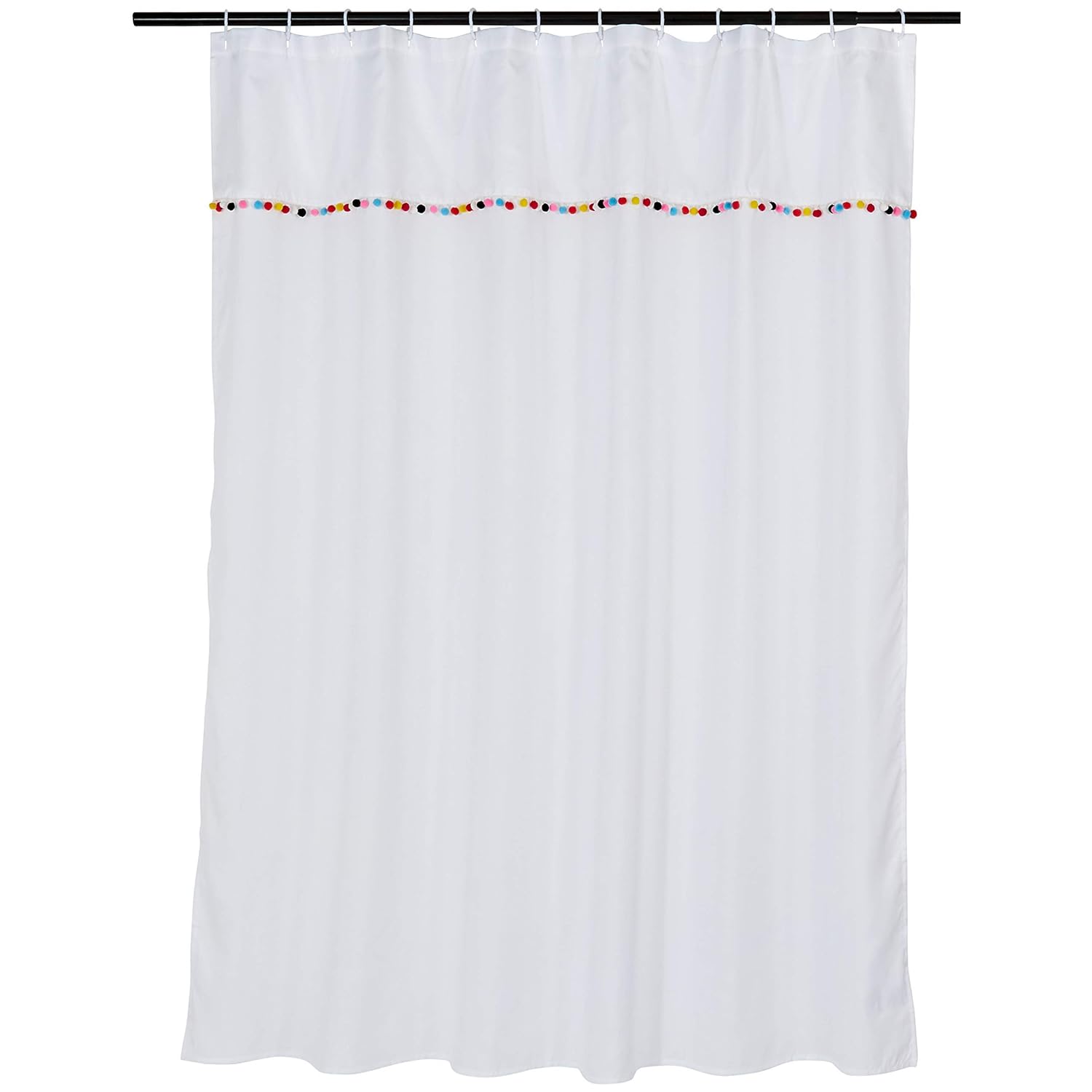 AmazonBasics Polyester Pom Pom Trim Shower Curtain, Multicolor, 72 x 72