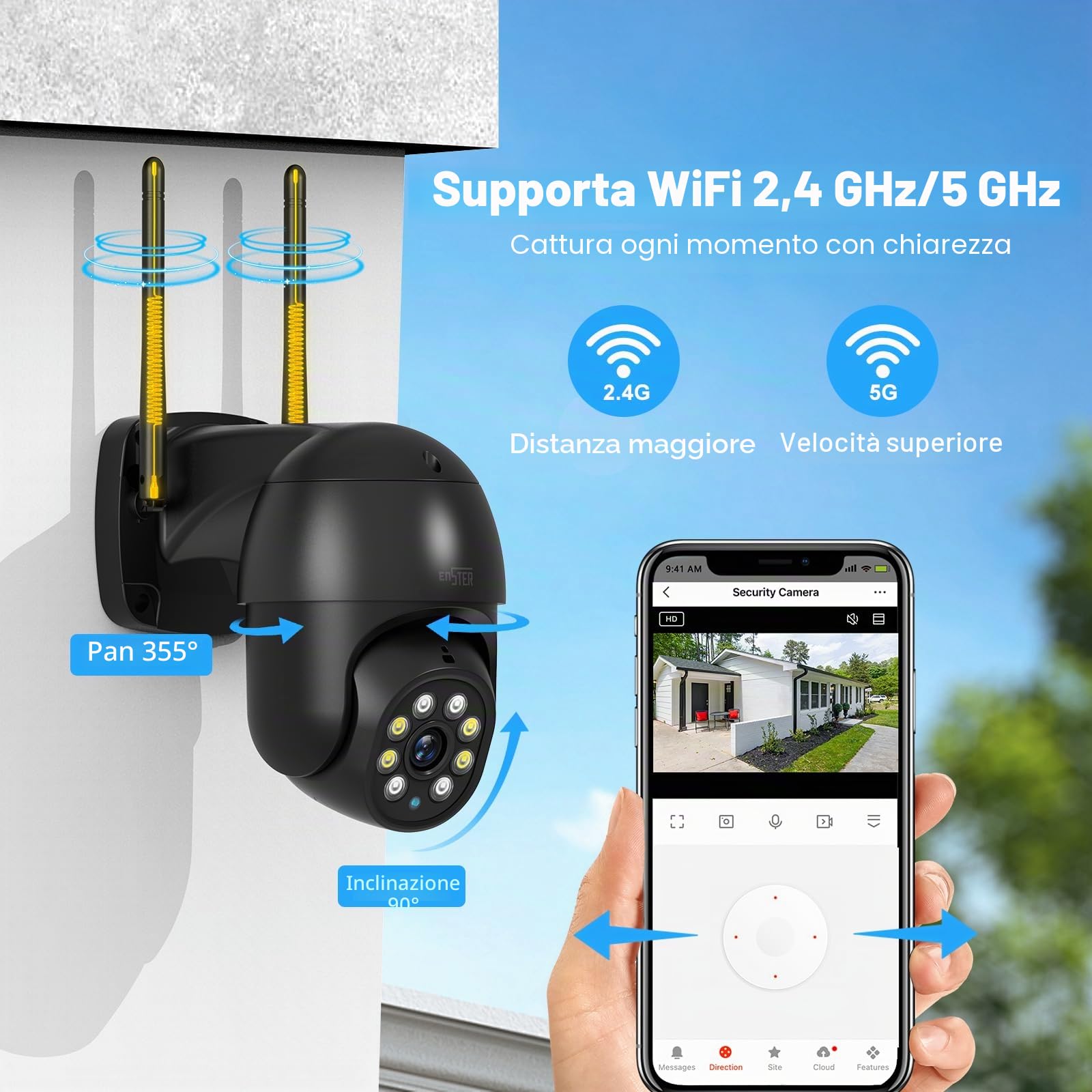 ENSTER 2.5K 4MP Telecamera Wi-Fi 2,4/5GHz Esterno, PTZ IP Videocamera Sorveglianza Tracciamento Auto Rilevamento Umano Visione Notturna Colori Audio Bidirezionale