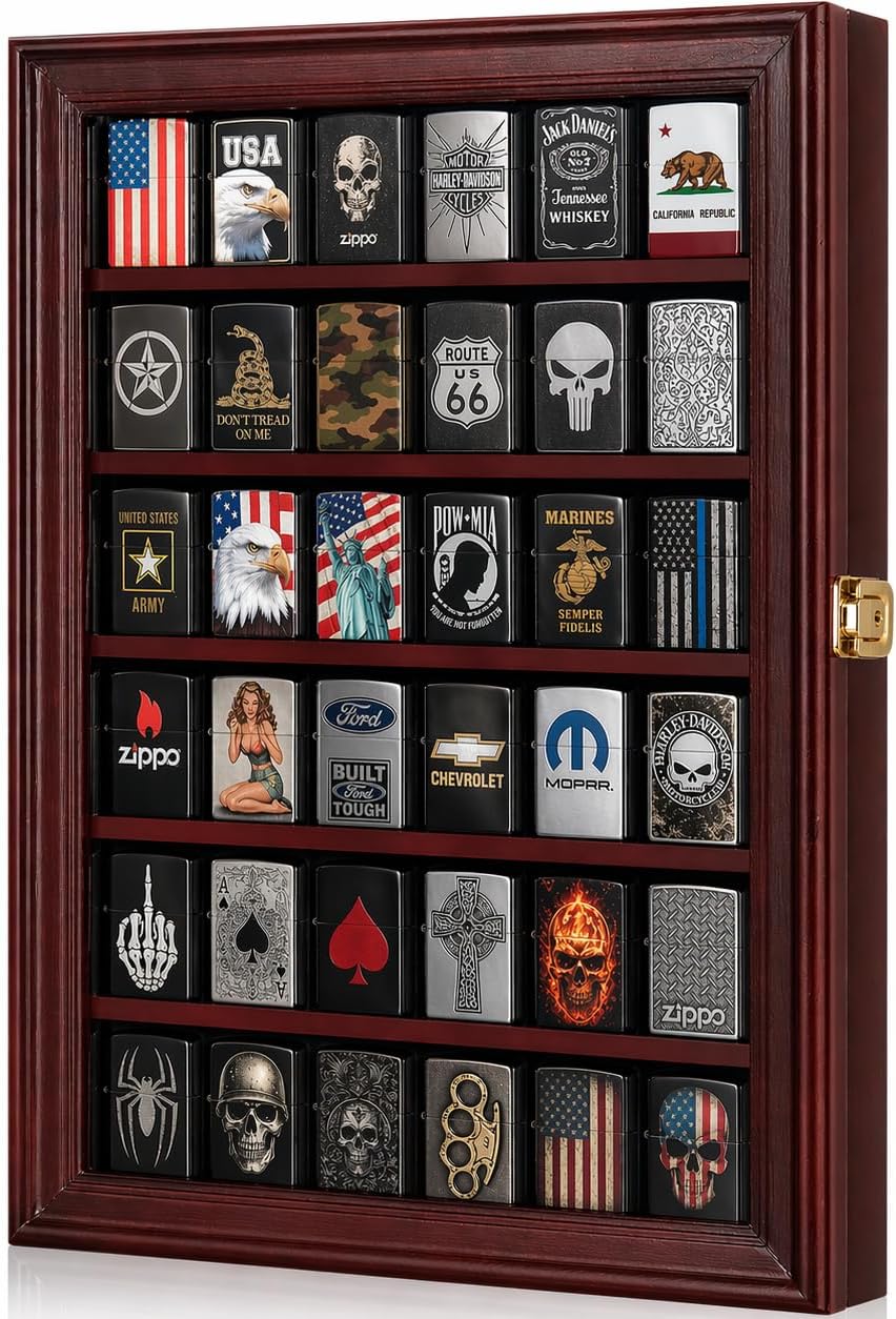 36 Lighter Display Case Wall Mount, 98% UV Protection Clear Acrylic Door, Lockable Wooden Cabinet for Zippo & Vintage Lighters Collection, Man Cave Decor Ultimate Gift for Men