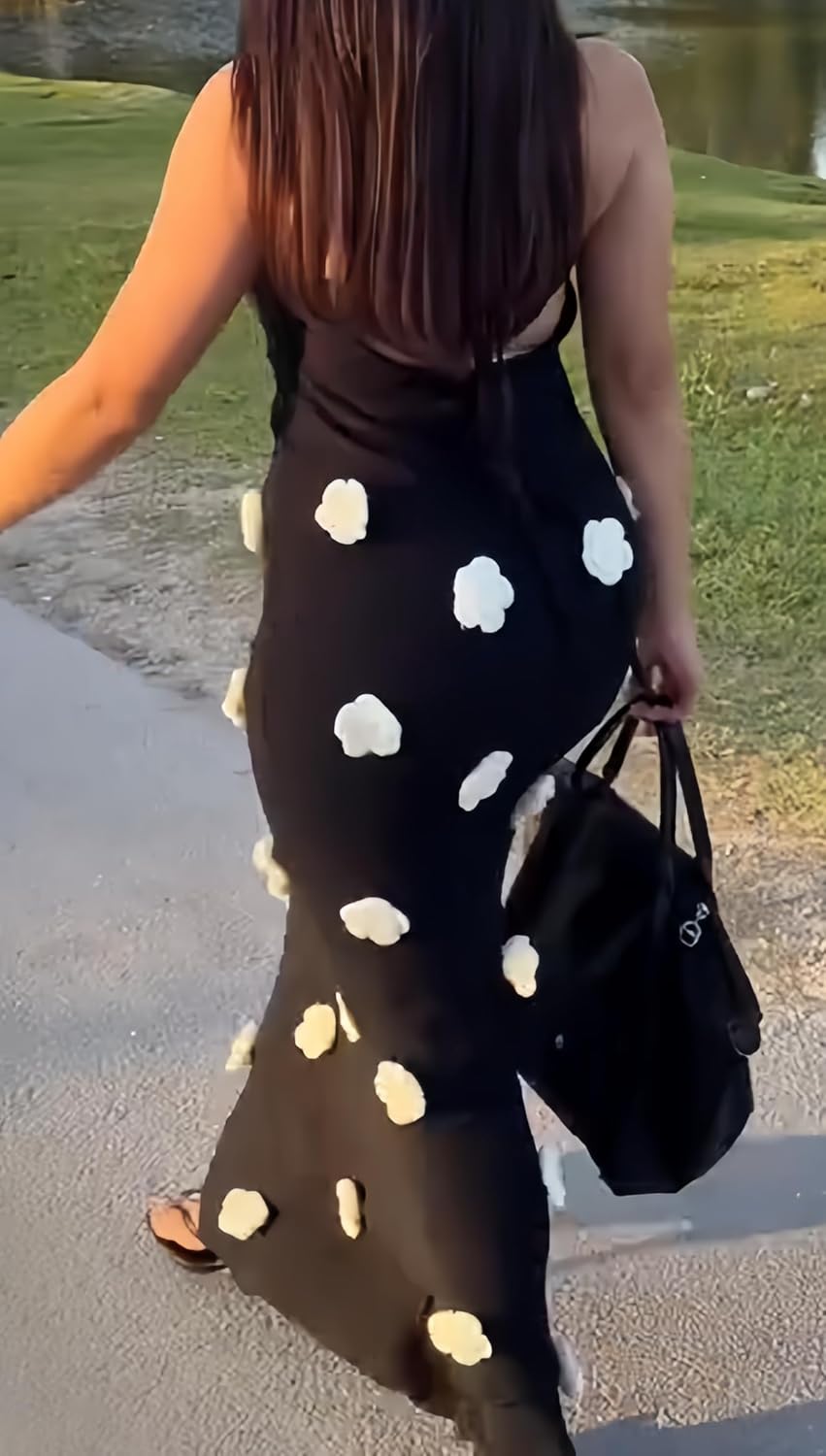 Women's Knit Maxi Dress Spaghetti Strap Floral Dresses Bodycon Knitted Beach Long Dress Backless Swim Cover up Dresses - Image 3