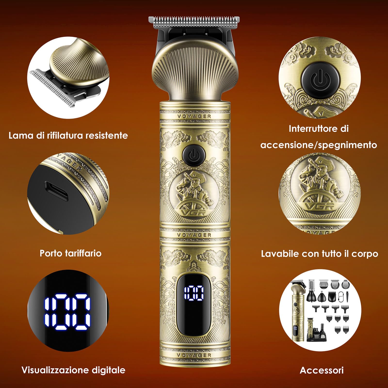 VGR Regolabarba uomo Rasoio Elettrico Barba Capelli Corpo, Kit Completo per la Cura della Barba, Trimmer T-Blade, 7 in 1