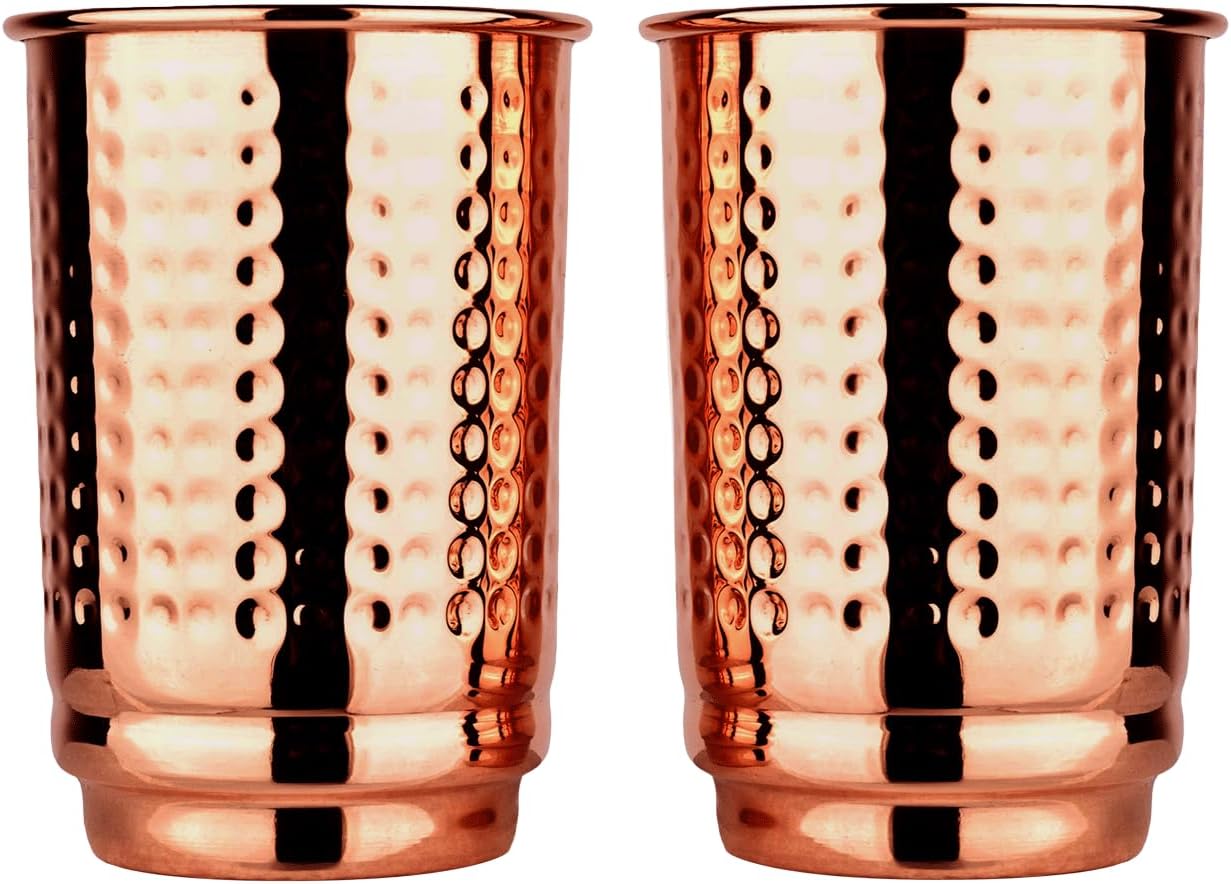 HealthGoodsIn Pure Copper Cups Set of 2 - Hammered Copper Tumblers and Copper Cups for water 11.8 oz (350 mL), Ayurvedic Copper Cups for Daily Use