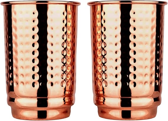 HealthGoodsIn Pure Copper Cups Set of 2 - Hammered Copper Tumblers and Copper Cups for water 11.8 oz (350 mL), Ayurvedic Copper Cups for Daily Use