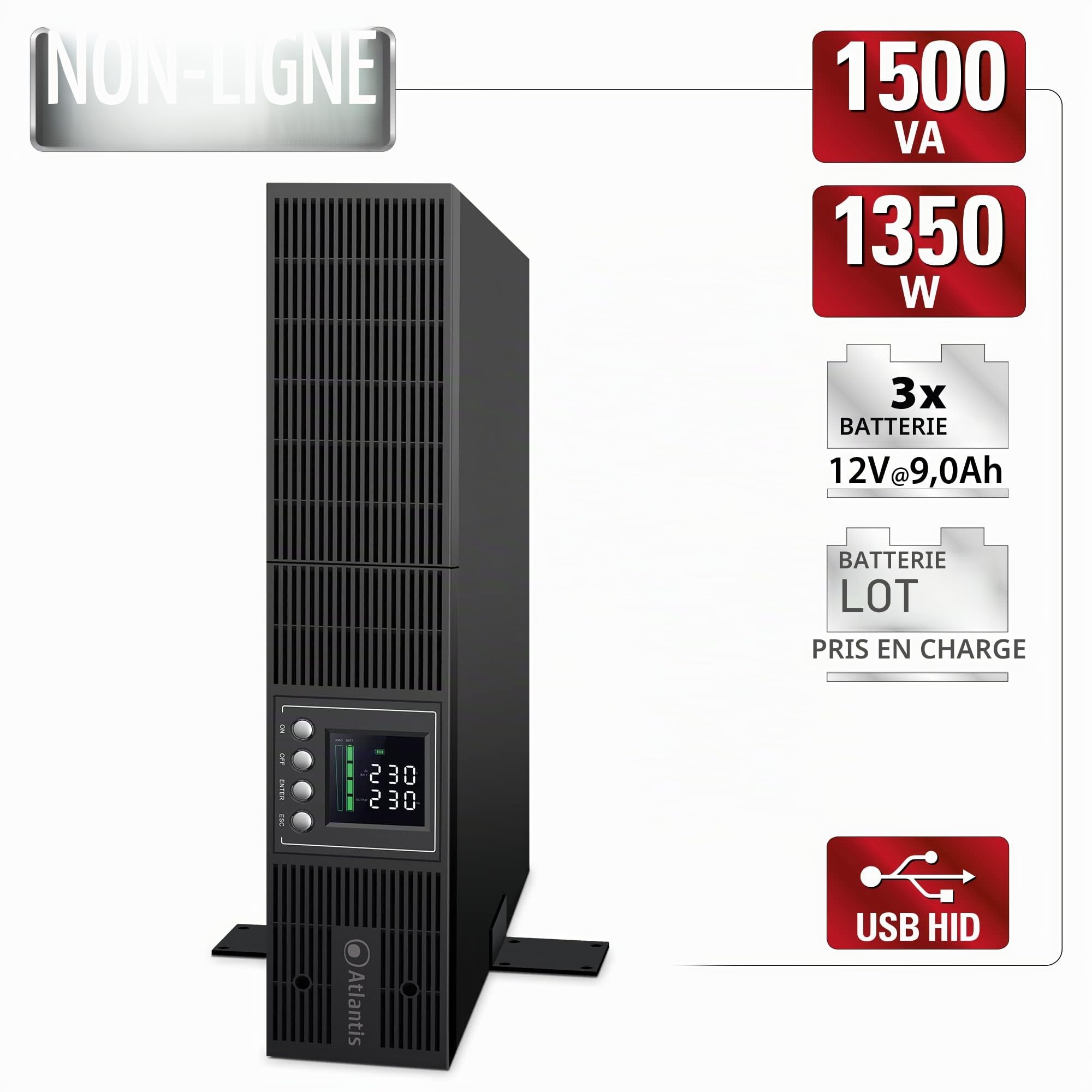 Atlantis A03-OP1502P-RC Pro Onduleur (UPS) Online Double Conversion et Pure sinusoïde avec Une Puissance de 1500VA 1350W, Serveur Rack, écran LCD, USB, RS-232, 8 Sorties IEC, Slot SNMP, 3x12V-9Ah