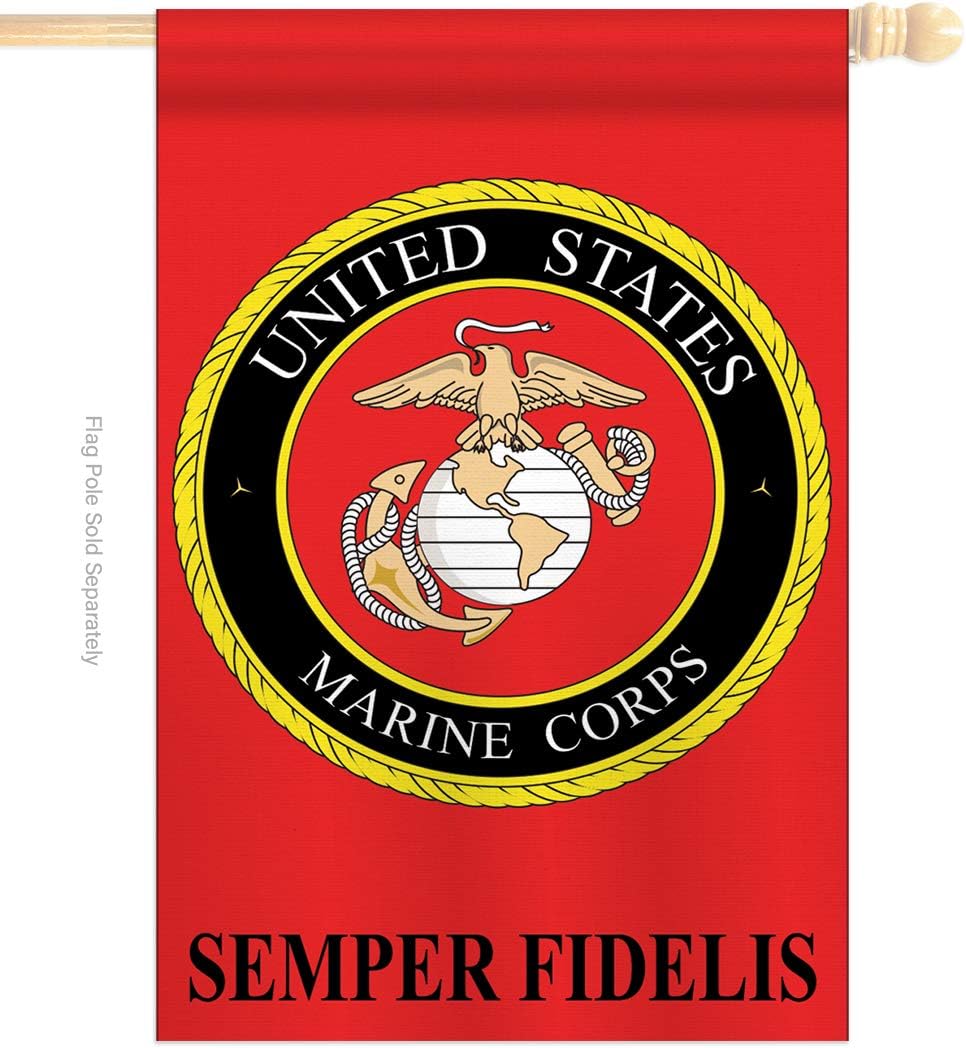 Two Group HS108011-P2-02 Marine Corps Americana Military Applique Decorative Vertical 28" x 44" Double Sided House Flag Set Aluminum Pole & Bracket Hardware