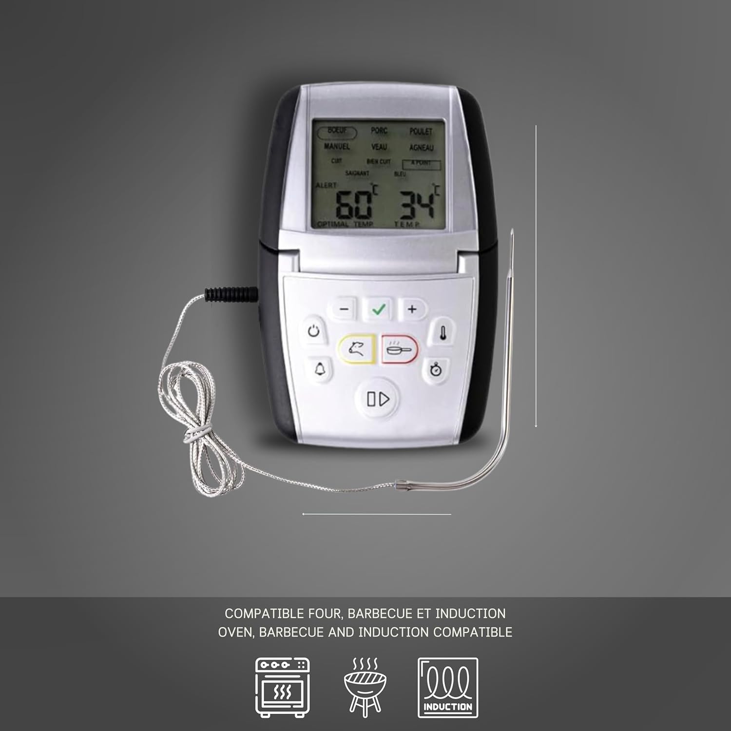 Mastrad M Classic Plus thermometer with icons for oven, BBQ, and induction compatibility