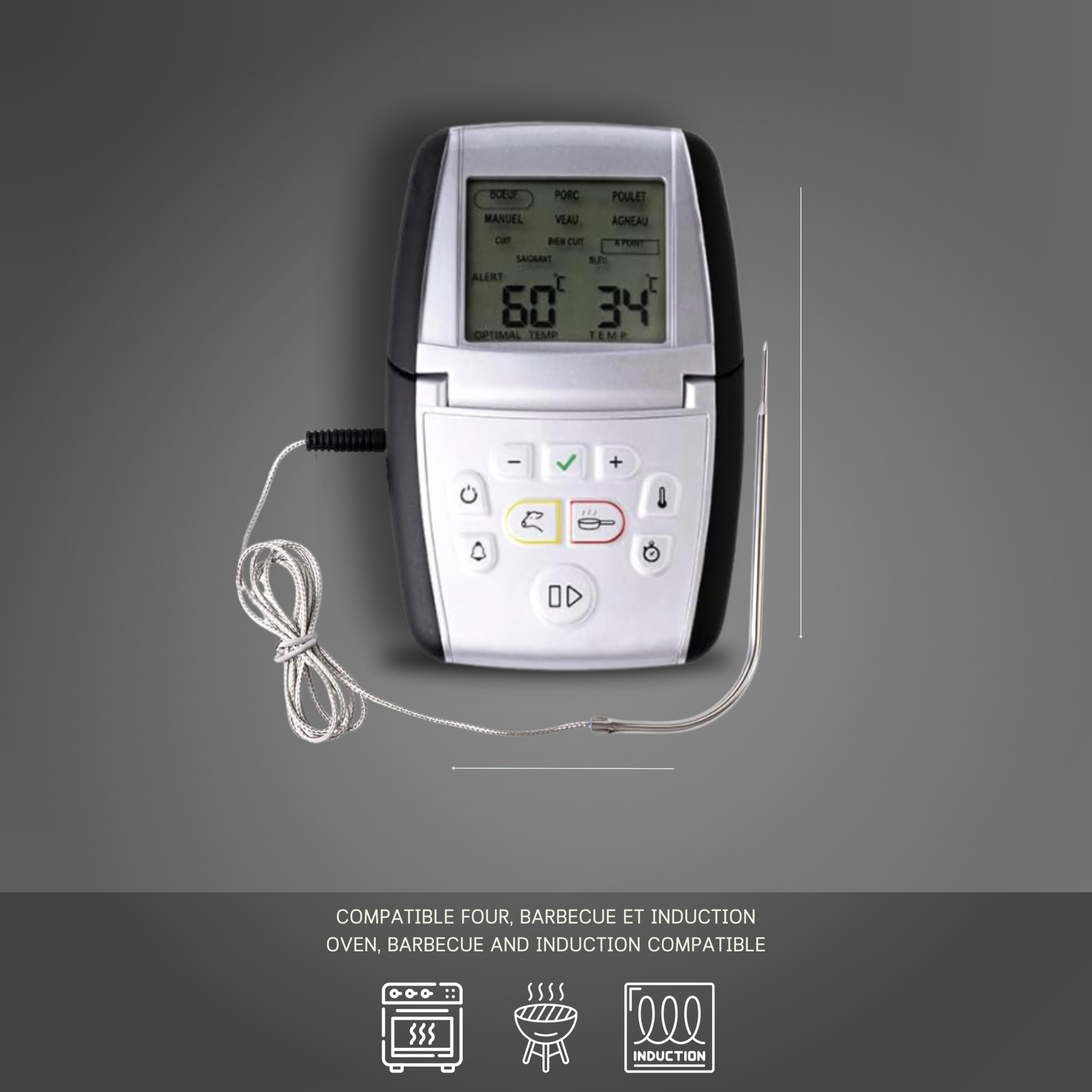 Mastrad Thermosonde De Cuisson m°classic+ Thermomètre Sonde 0-210°C Programmable Viande Cuisson Compatible Four BBQ Induction Alarme Temps Restant 1 Pile AAA