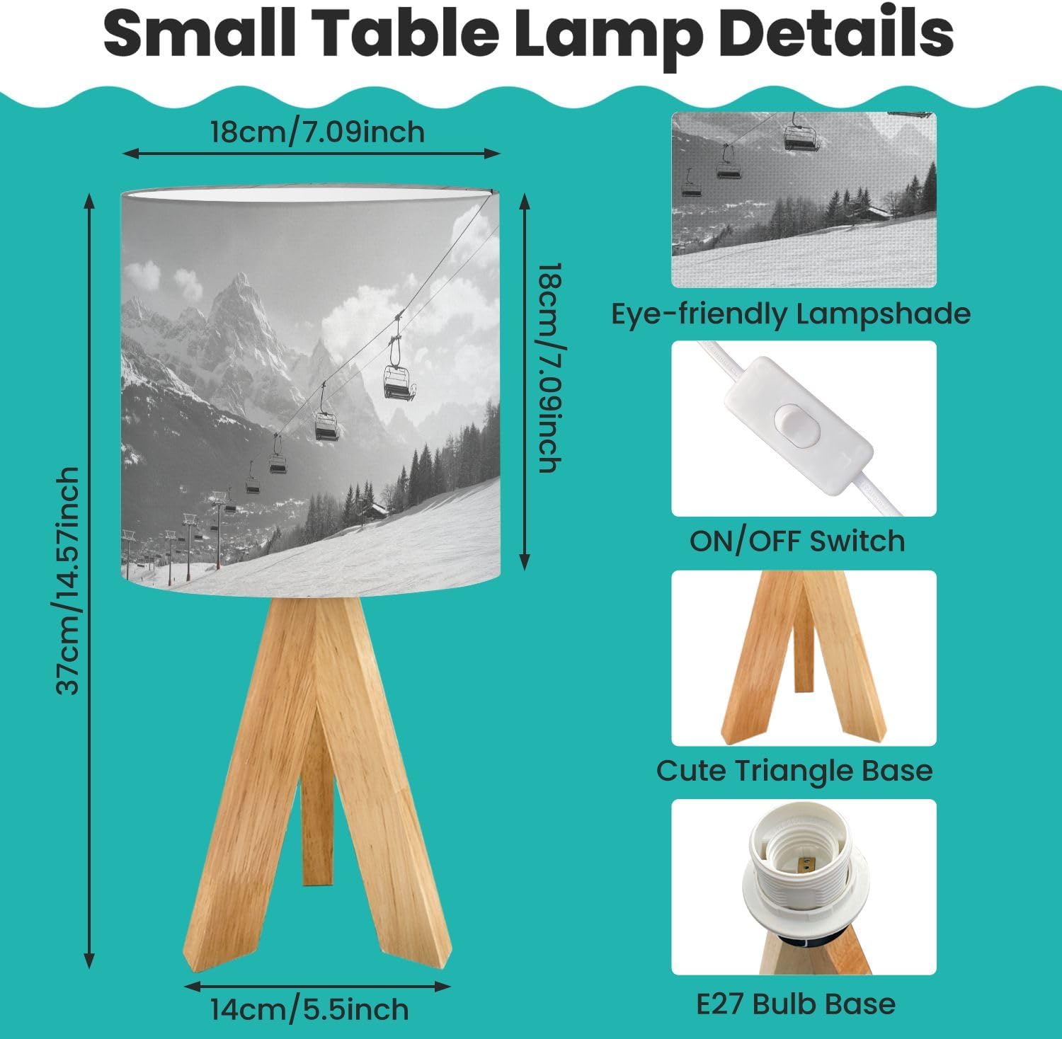 Tripod Bedside Desk Table Lamp Chair Lift Ski Resort Snowy Mountains Nice Sunny Day Lifts Pine Trees Wood Nightstand Lamp with Linen Fabric Shade for Nursery Bedroom Living Room Kids Room