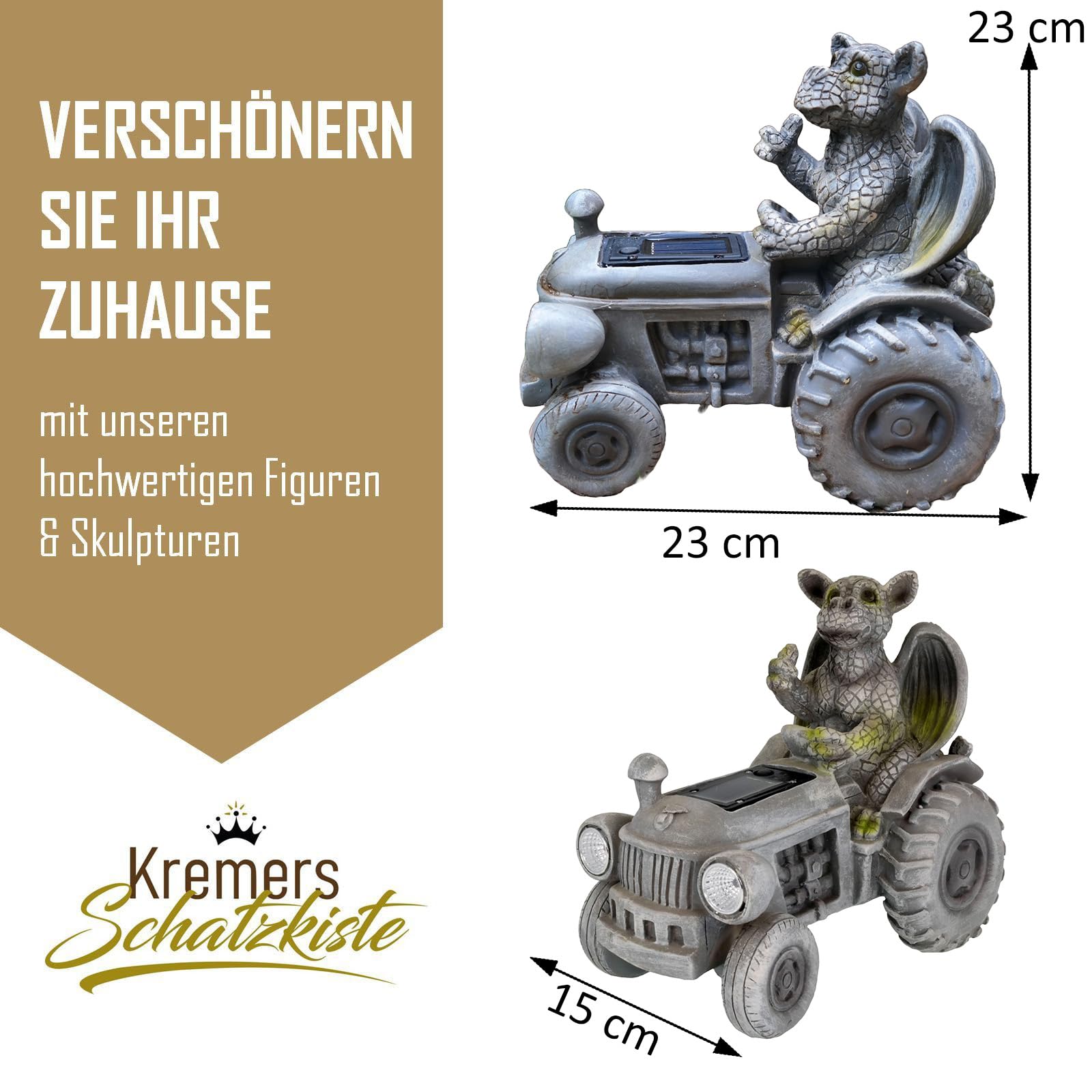 Kremers Schatzkiste Drachenkind auf Traktor mit Solar-Laterne Gartenfigur Drache wetterfest Gartendeko aus Polyresin Solarlicht Scheinwerfer beleuchtet Handbemalt witterungsfest