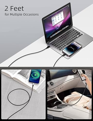 Miniatura 6 de Cable USB C a USB C de 2 pies, paquete de 3 cables de carga USB C a C trenzados de 60 W3A tipo C a tipo C, cargador de coche de carga rápida para