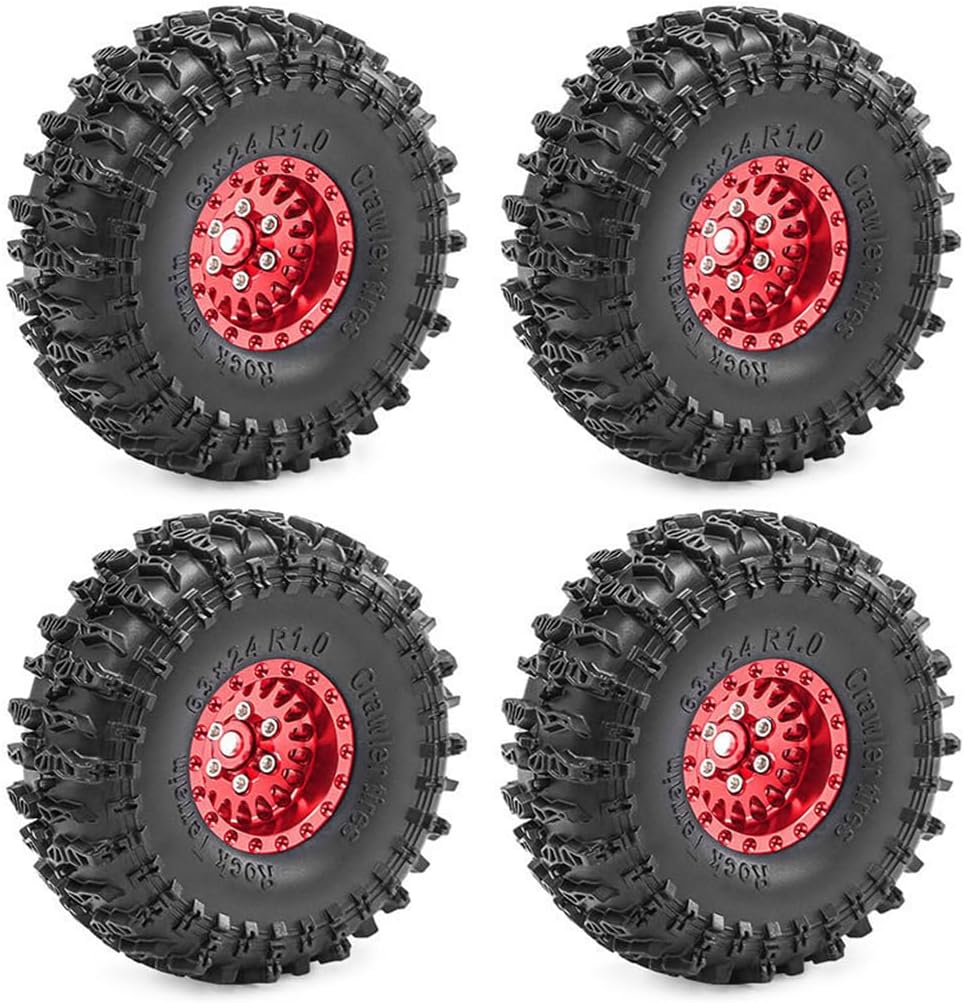 4PCS 1.0'' Aluminum Wheel Hub Wheel Rim Tires Wheels 63x24mm RC Upgraded Parts for SCX24 AX24 TRX4M 1/18 1/24 Crawler RC Climbing Car (Red)
