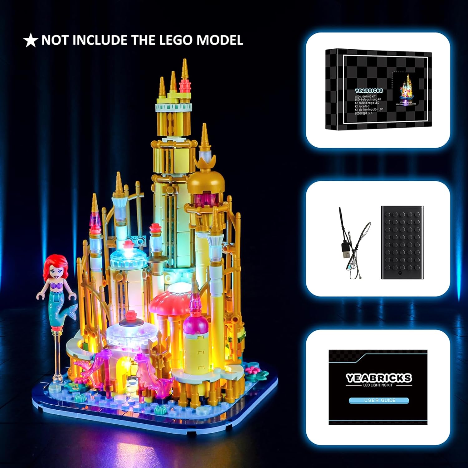 The YEABRICKS LED Light Kit components next to the Disney Mini Ariel's Castle building set, indicating the building set is not included.