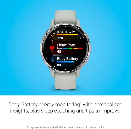 Miniatura 5 de Garmin Venu 3S Reloj inteligente con bisel de acero inoxidable plateado de 1.2 pulgadas, pantalla táctil AMOLED con caja gris salvia de 1.614 in y