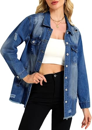 LifeShe Womens Distressed Denim Jacket Long Sleeve Ripped Jean Coat with Frayed Hem, Casual Loose Fit Button Down Outerwear