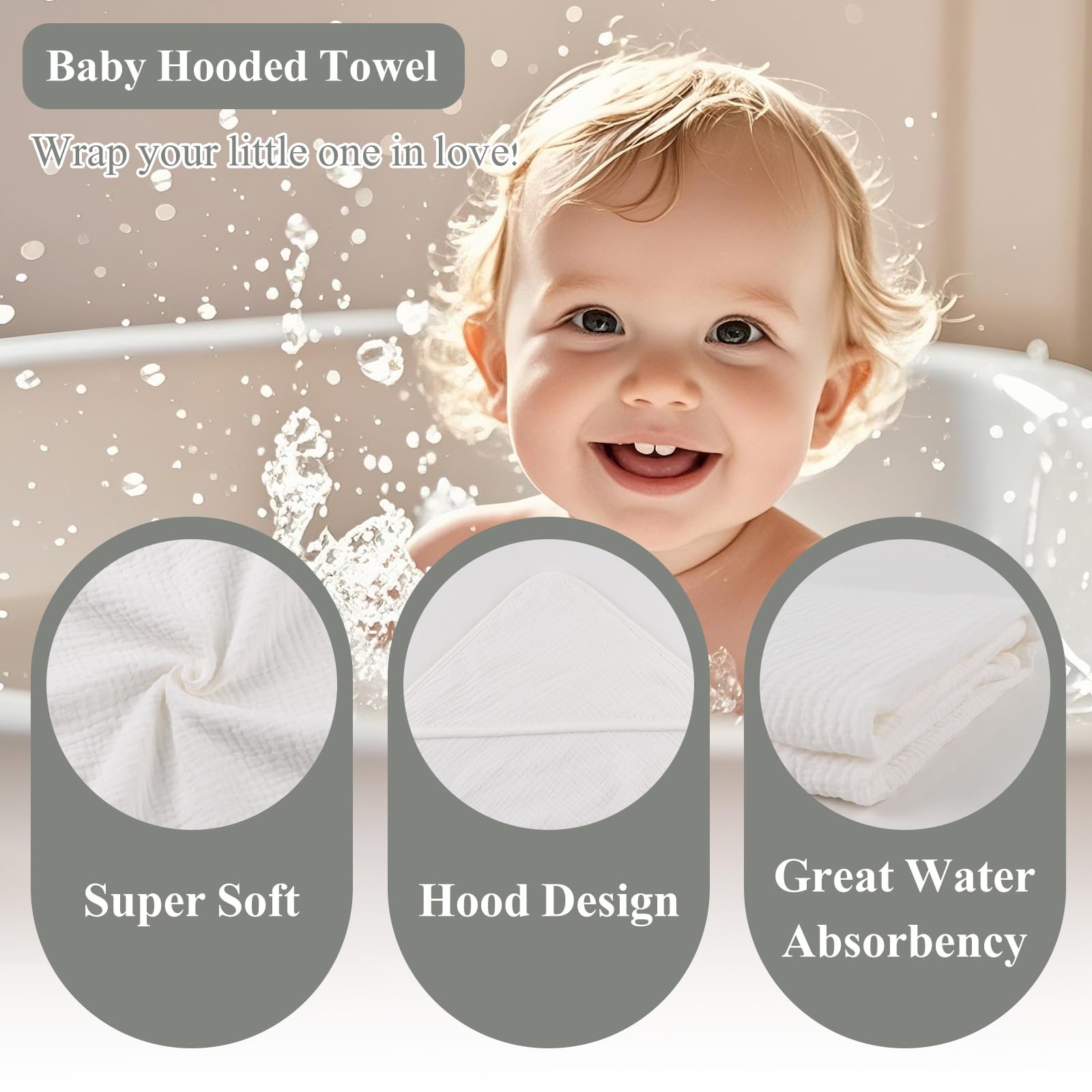 MniJiza Baby Hooded Towel Infant Muslin Cotton Bath Towel Newborn Soft Absorbent Towels (White) - Image 4